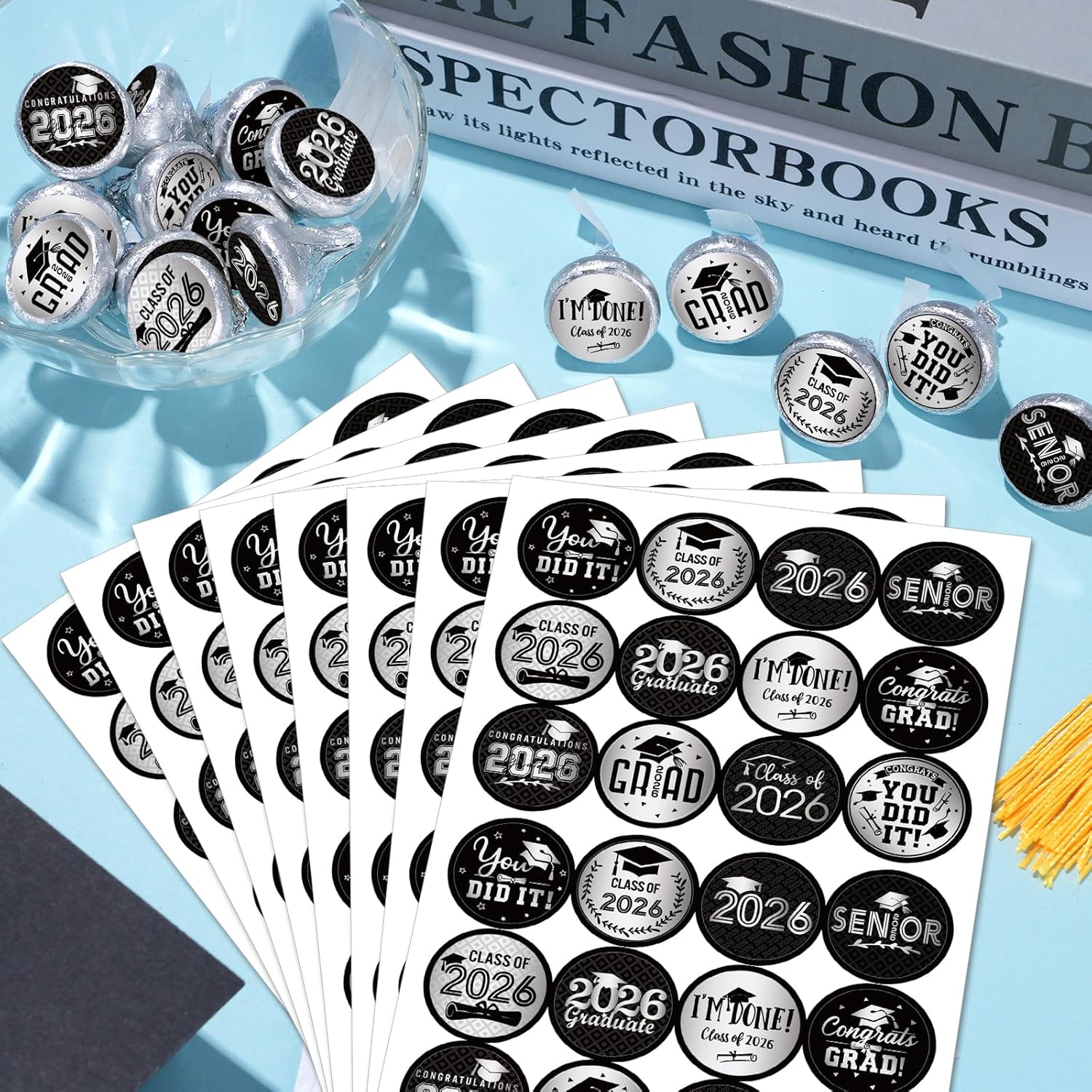 576Pcs Class of 2026 Graduation Stickers,Congrats Party Favors Chocolate Sticker Candy Labels for 2026 Senior High School College Graduation Supplies and Decorations (Black and Silver)