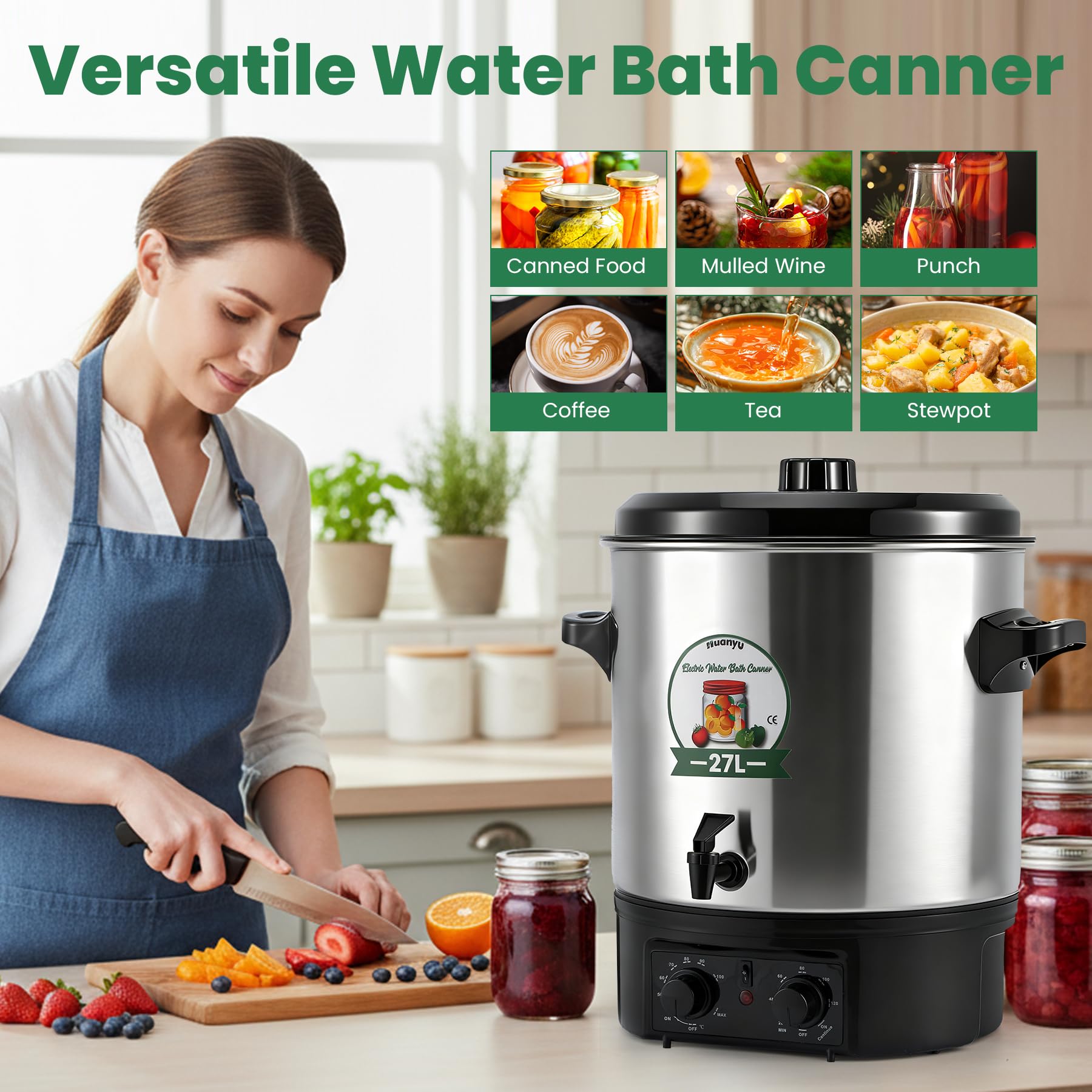 Huanyu 27L Elektrisches Wasserbad-Einmachgerät Temperatur- und zeitverstellbare Einmachmaschine mit Einmachwerkzeugen Perfekt zum Konservieren, Herstellen von Marmeladen, Soßen und Suppen