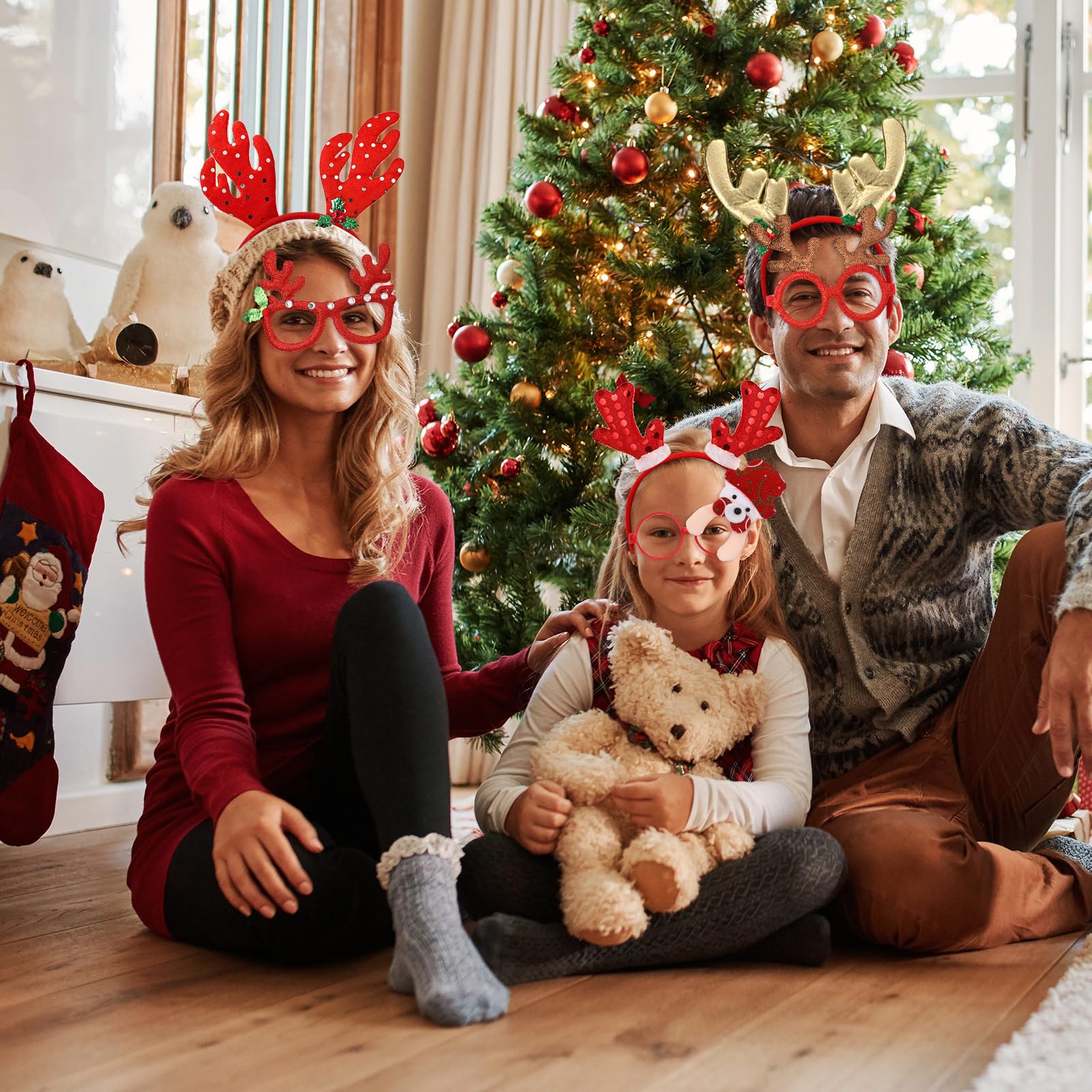 Giegxin 64 Pcs Christmas Glasses Frame and Headbands Set with 32 Christmas Party Headbands Cute Christmas Headband and 32 Funny Eyewear Xmas Hair Headwear for Christmas Xmas Holiday Party Favors