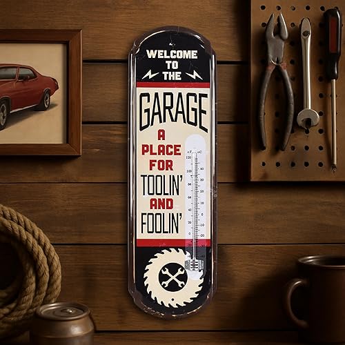 American Art Decor Trollin' and Foolin' - Termómetro vintage para garaje con borde en relieve, arte de pared de metal funcional para interiores y