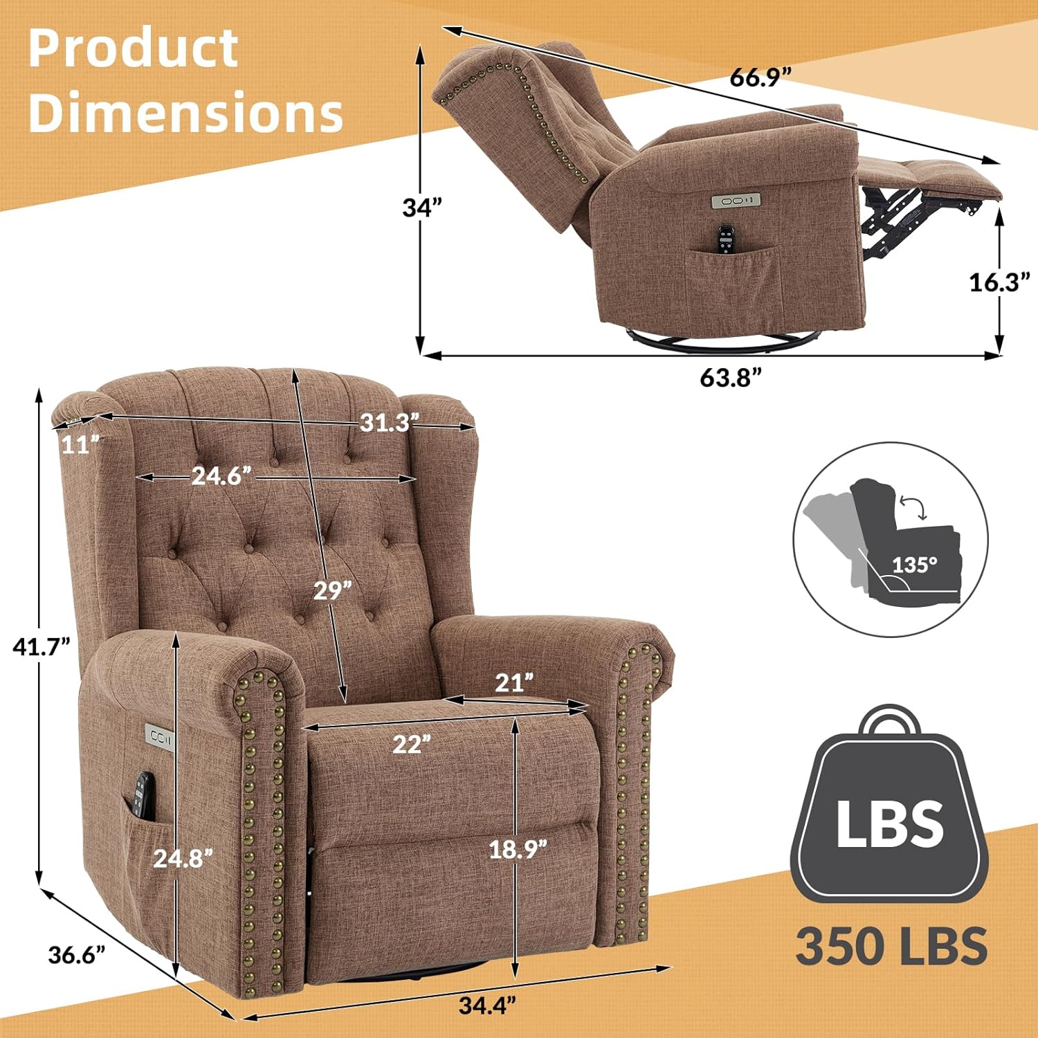 Power Swivel Rocking Glider Recliner Chair, Electric Nursery Reclining Sofa Chair with Heat and Massage, Wingback Tufted Upholstered Recliner for Living Room, USB and Type-C Ports, Brown