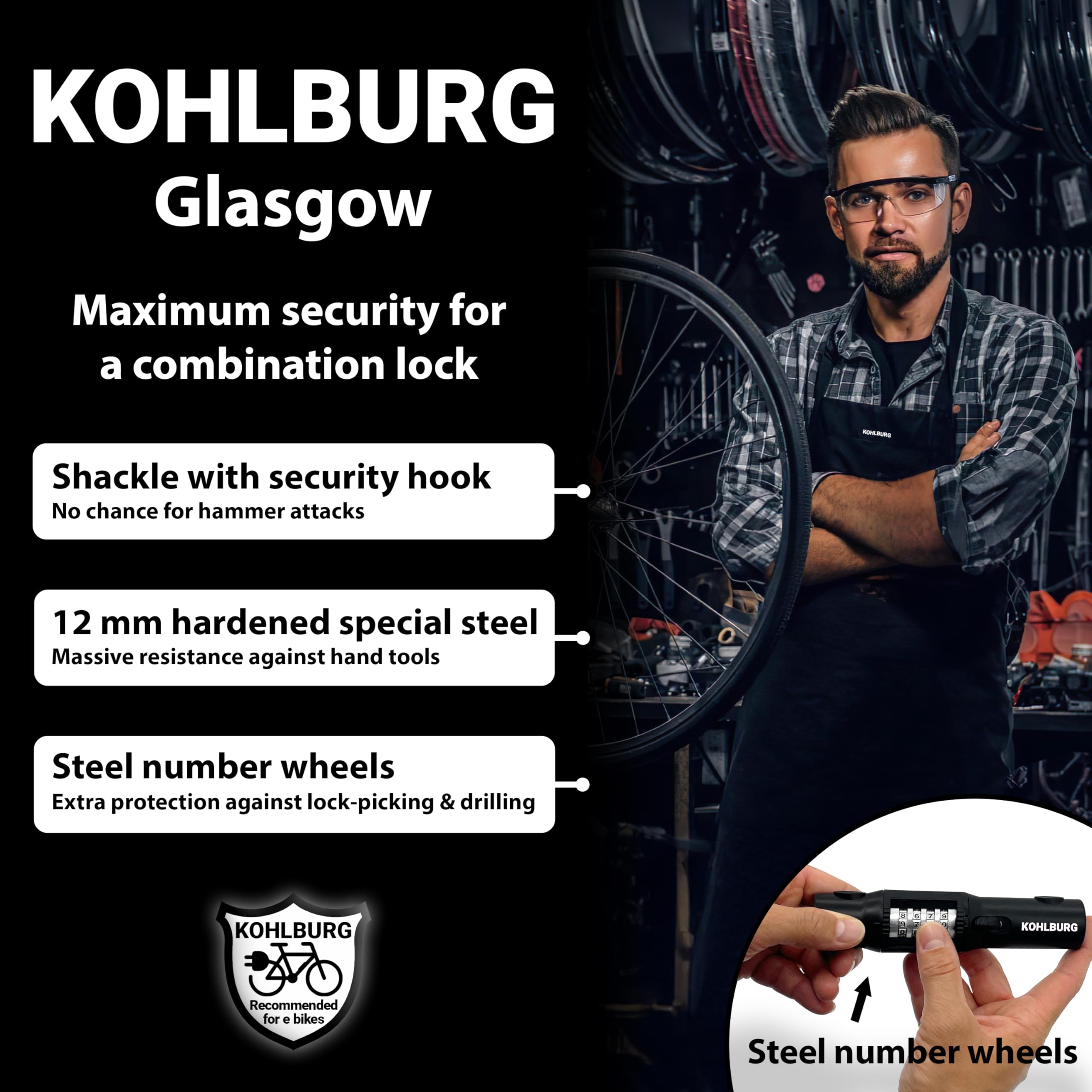 KOHLBURG U-Locki zamek szyfrowy 12 mm | Roweru elektrycznego, rdzeniem stalowym, stalowymi cyframi, z kodem i uchwytem, wysokiego bezpieczeństwa