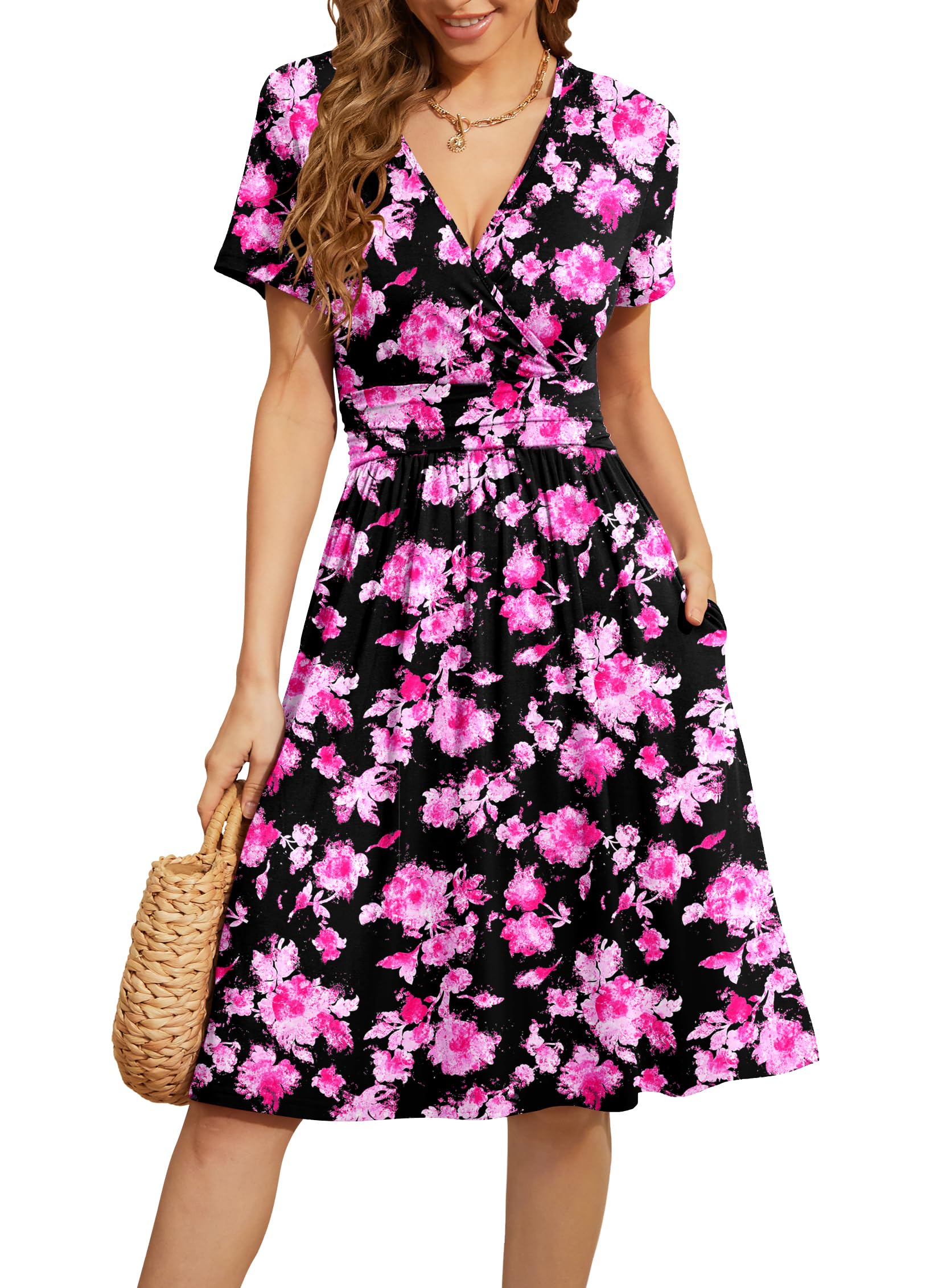 WEACZZY Women's Summer Short Sleeve Casual Dresses V-Neck Floral Party Dress with Pockets