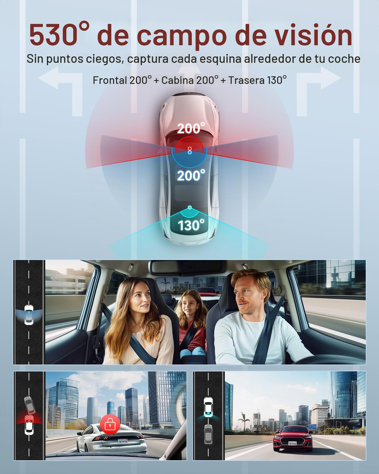 REDTIGER 530° 3 Canales Dashcam Coche 2.5K+2.5K+1080P con Tarjeta de 128 GB, Visión Nocturna IR, Pantalla Táctil,Camara Coche Interior Delantero y Trasero Incluido WiFi GPS, Modo Aparcamiento 24H