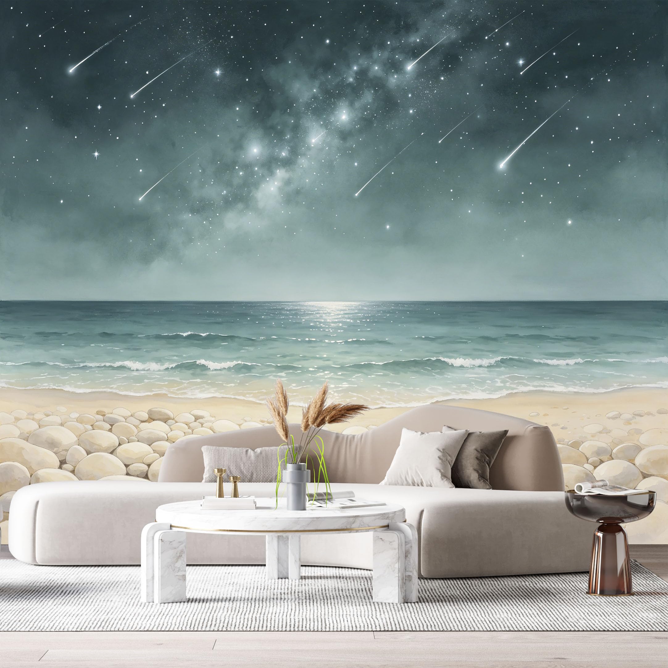 Custom Size Wall Murals Night Sky Coastal Landscape Watercolor Shooting Stars Ocean Waves Pebble Beach SelfAdhesiveWall Fabric Removable Wallpaper Wall Decor for Living Room Bedroom Bathroom