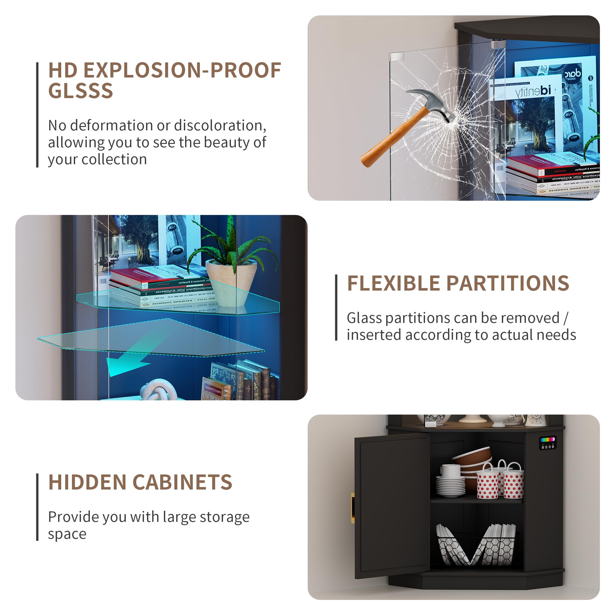 Lvifur Vitrina esquinera con iluminación LED y cajones para Objetos de colección, Vino, Vitrina de Cristal de 3 Niveles con sensores Inteligentes para Sala de Estar, Dormitorio