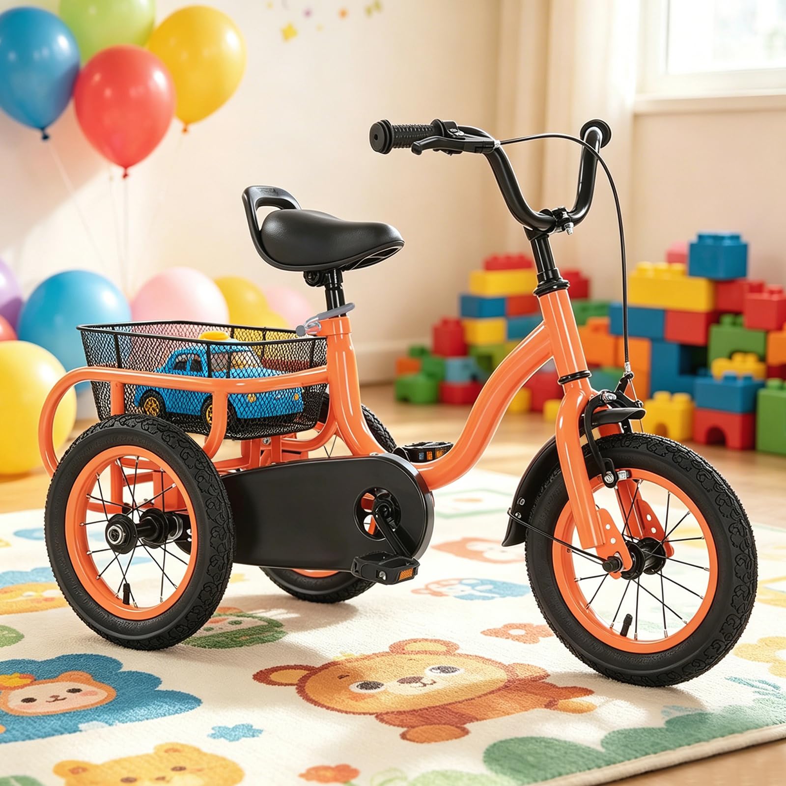 Bicicletta 3 Ruote Monovelocità, Bicicletta 12 pollici, Triciclo Sicuro Arancione, Cestello posteriore, Sella Manubrio Regolabili, Apprendimento Equilibrio Esterno Giardino, Regalo