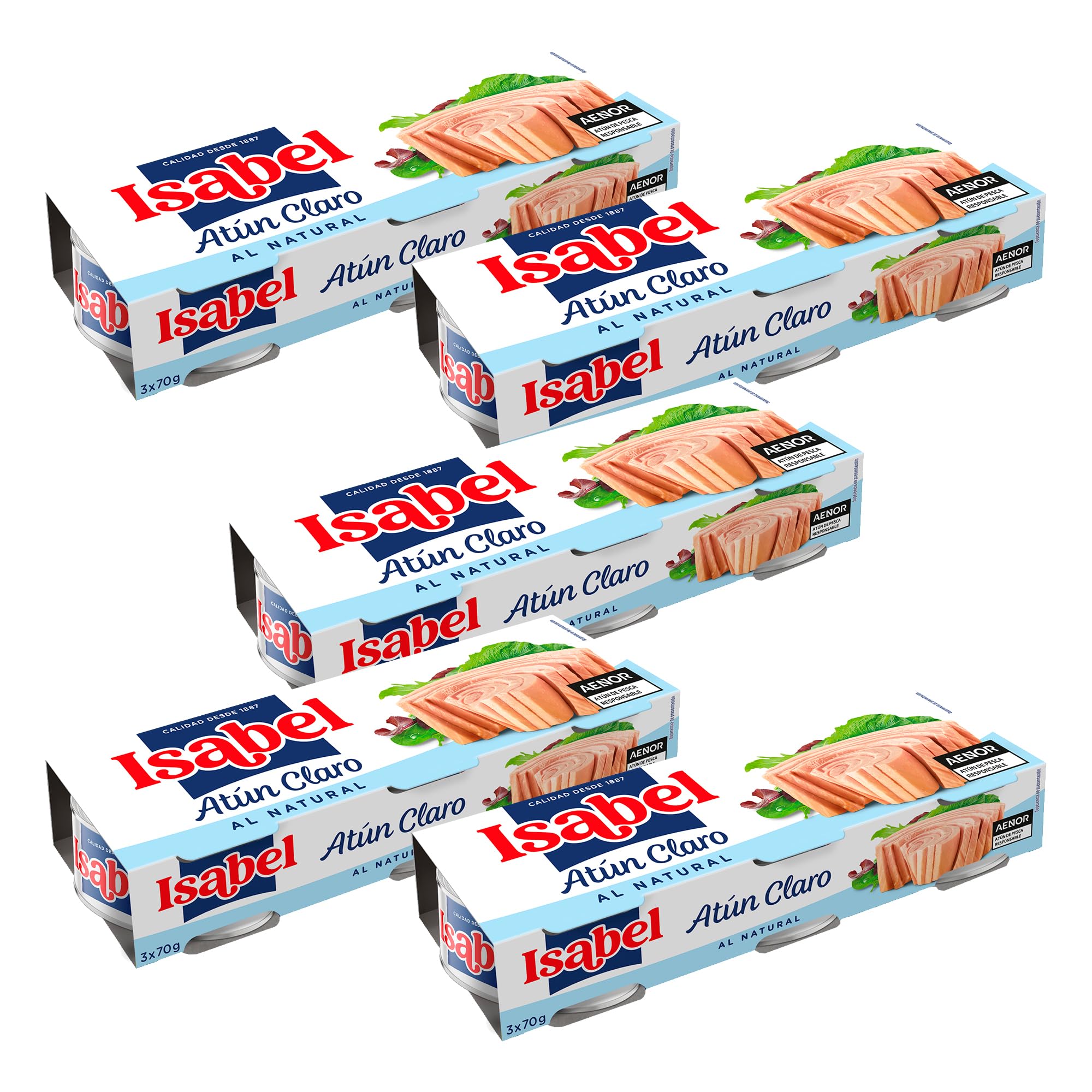 Isabel atún claro al natural, 1 pack de 5 estuches de 3 latas de 65gr