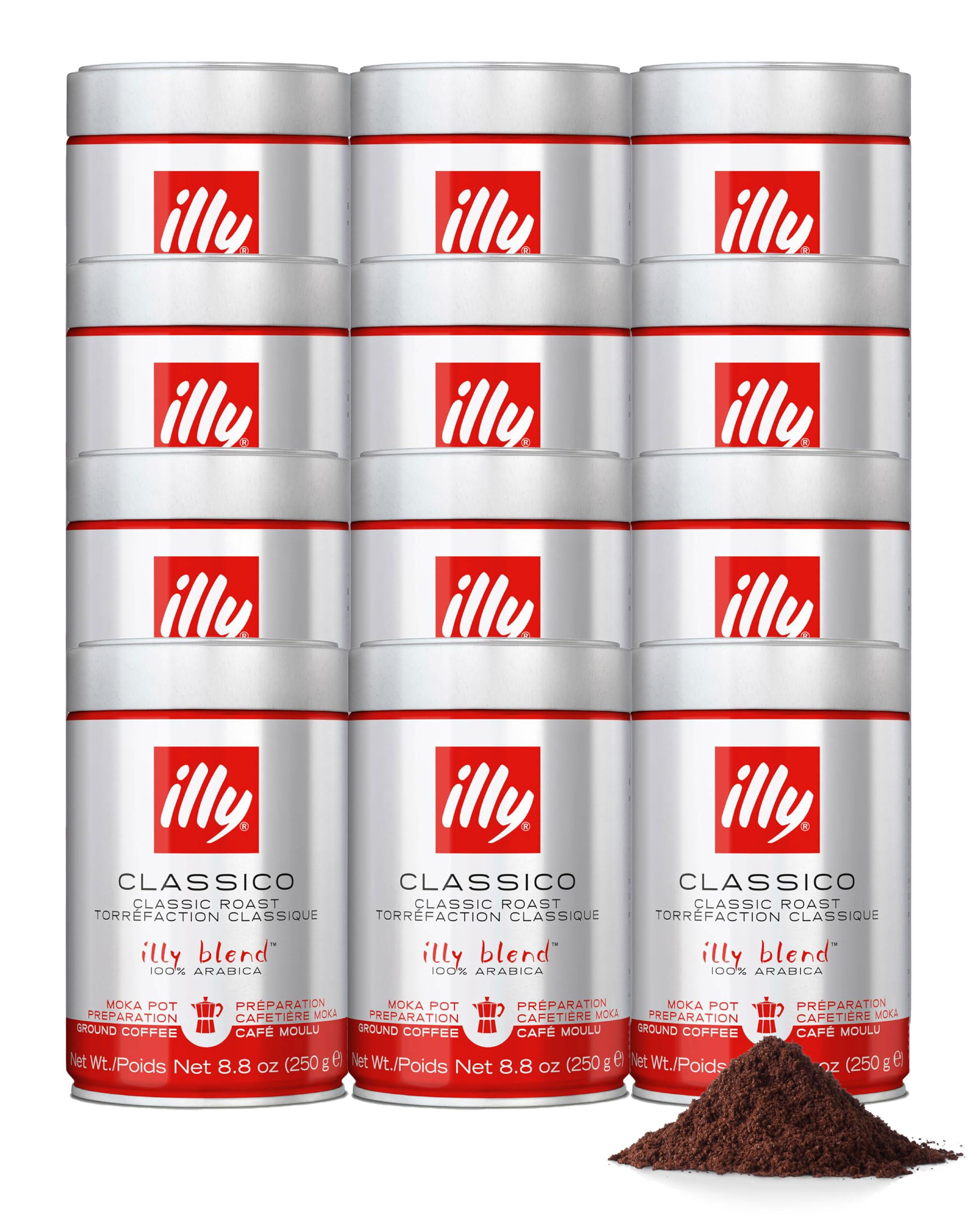 illy Kawa mielona do garnków na kubki CLASSICO palona, 100% Arabica z nutami kwiatu pomarańczy i jaśminu, miękki i słodki smak, 12 opakowań po 250 g (łącznie 3 kg)