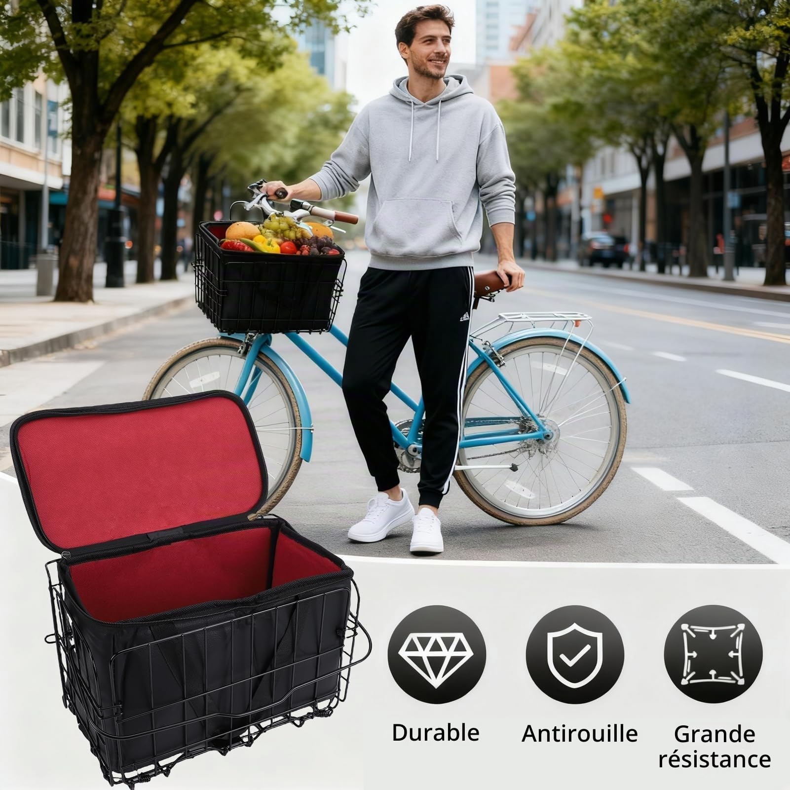 Kit panier avant de vélo avec panier en métal amovible à dégagement rapide avec sac de doublure amovible pour courses animaux domestiques vélos