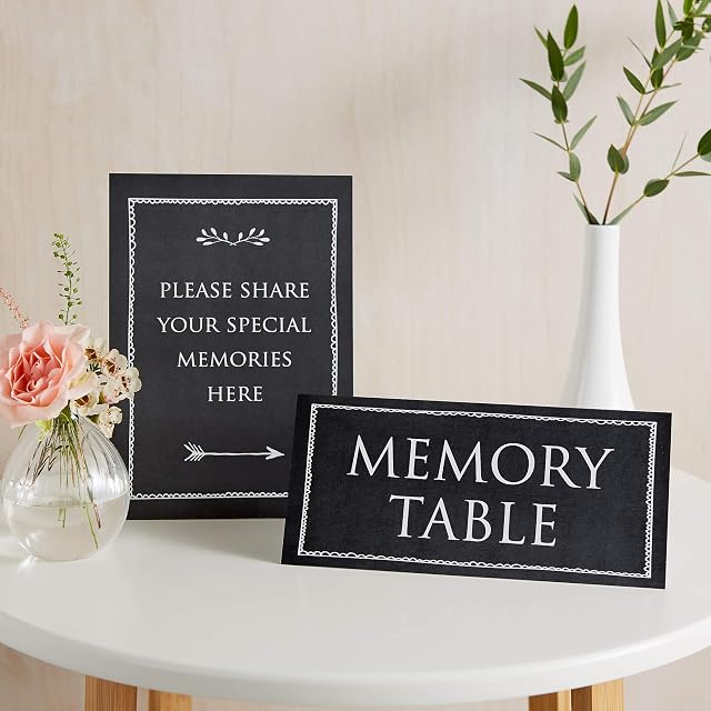Angel & Dove Set of 2 Card Signs 'Memory Table' & 'Share Your Memories' (Black) - Ideal for Funeral Condolence Book, Memorial, Celebration of Life
