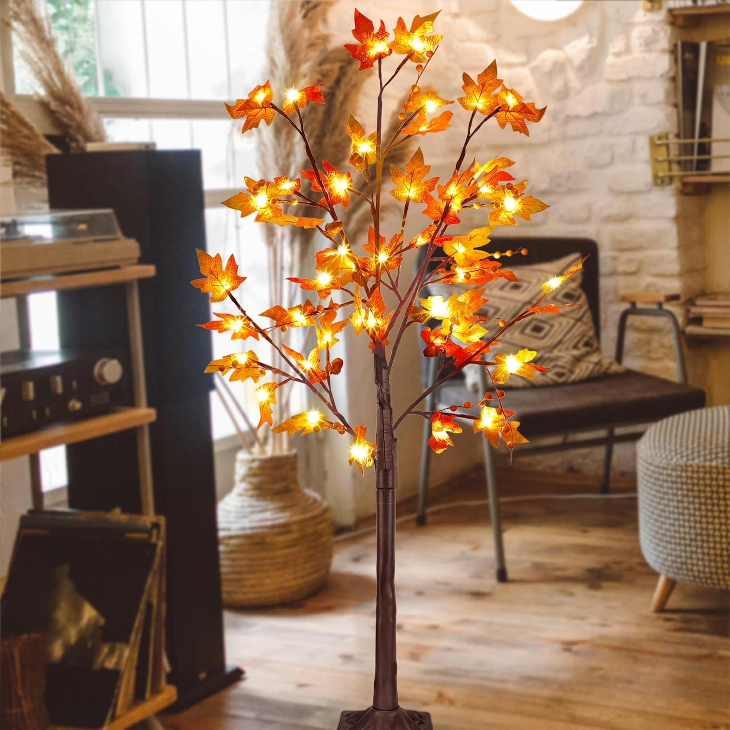 FORUP LED Lighted Maple Tree, 4 FT Lighted Artificial Tree for Thanksgiving Harvest Fall Festival Halloween Home Party Decoration