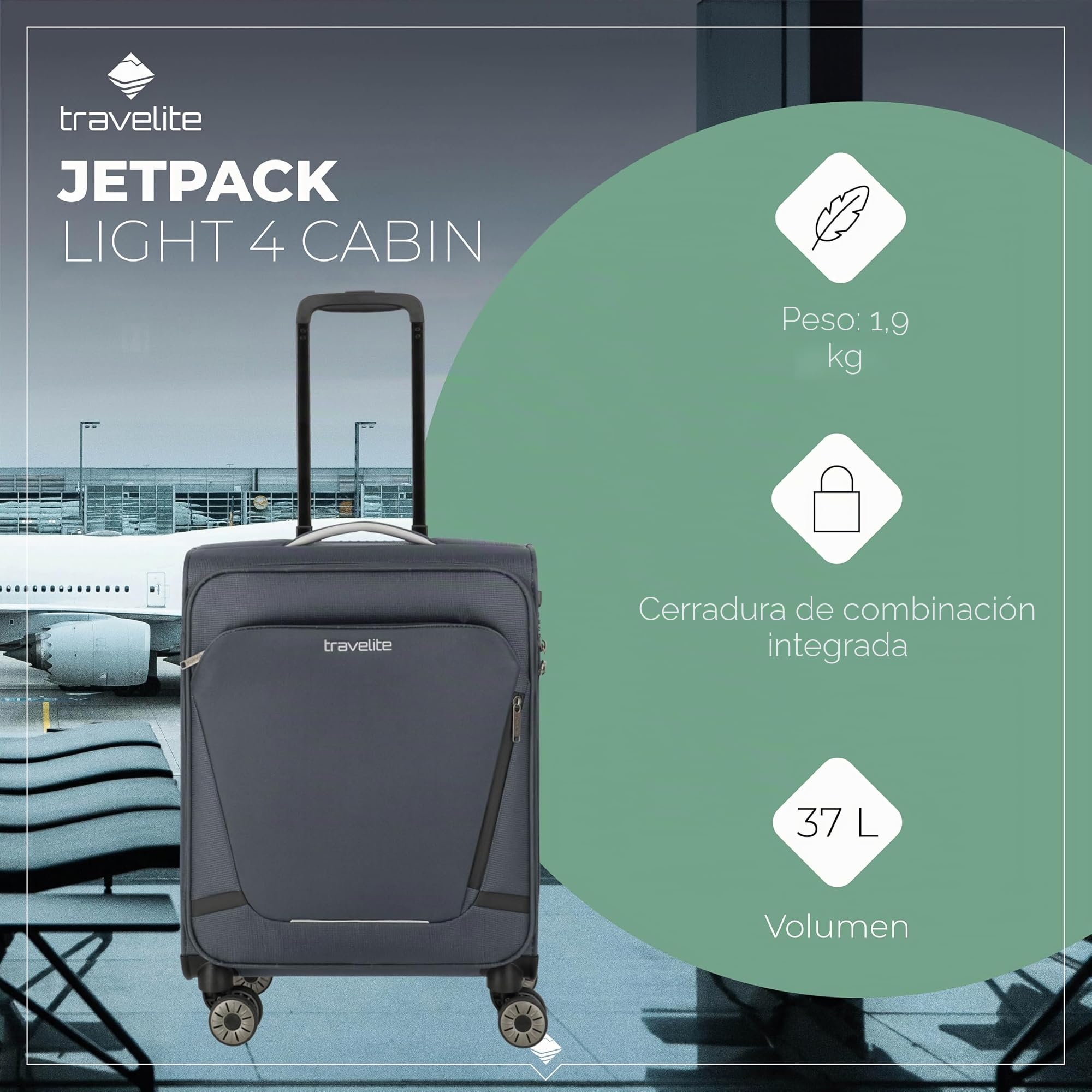 travelite Maleta de Equipaje de Mano con 4 Ruedas para Condor + Ryanair, Cerradura de combinación integrada, Trolley de Equipaje Blando superligero con función de Enganche, 55x40x20 cm, 37 l, 1,9 kg