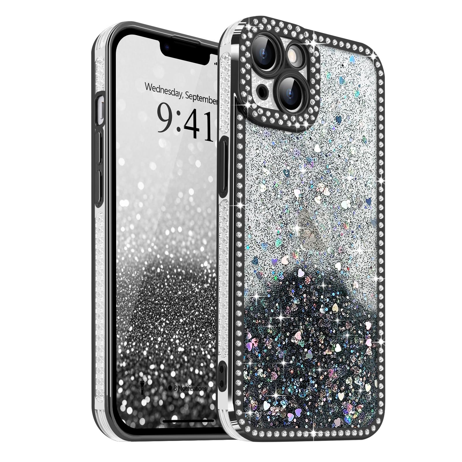for iPhone 13 Case Glitter, Bling Sparkle Heart Pattern Sequin Luxury Crystal Shiny Diamond Rhinestones Cover for Women Girls, Soft Clear TPU
