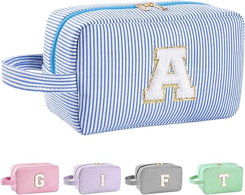 Regalos personalizados, bolsa de maquillaje con inicial A-Z, bolsa de aseo de viaje grande, bolsa de maquillaje rosa preppy, bolsas de cosméticos,