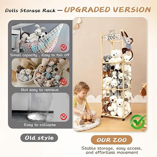 Miniatura 5 de Organizador de madera para animales de peluche, soporte de peluche de gran capacidad con cordones elásticos para almacenamiento de animales de