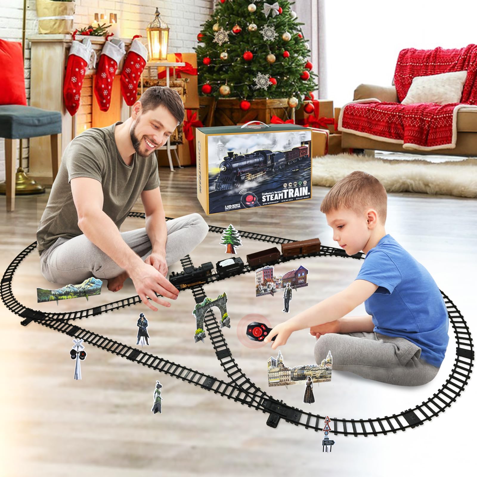 Ulikey Trenino Elettrico per Bambini, i Giocattoli dei Treni con Fumo Luminoso e Suono, Classico Treno a Vapore Giocattolo con Affumicato, Giocattolo Natale Treno Regalo per Bambini 3 +Anni