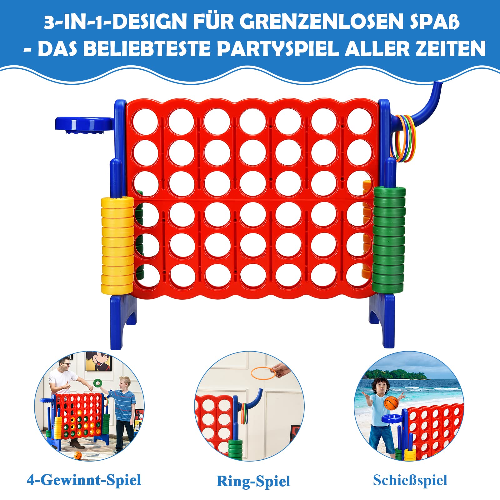 COSTWAY Riesiges 4 Gewinnt Spielset mit Basketballkorb und Wurfspiel, inkl. 42 Jumbo Ringen und Schieberegler zum schnellen Neustart, Vier in Einer Reihe Spiel groß (Rot + Blau)