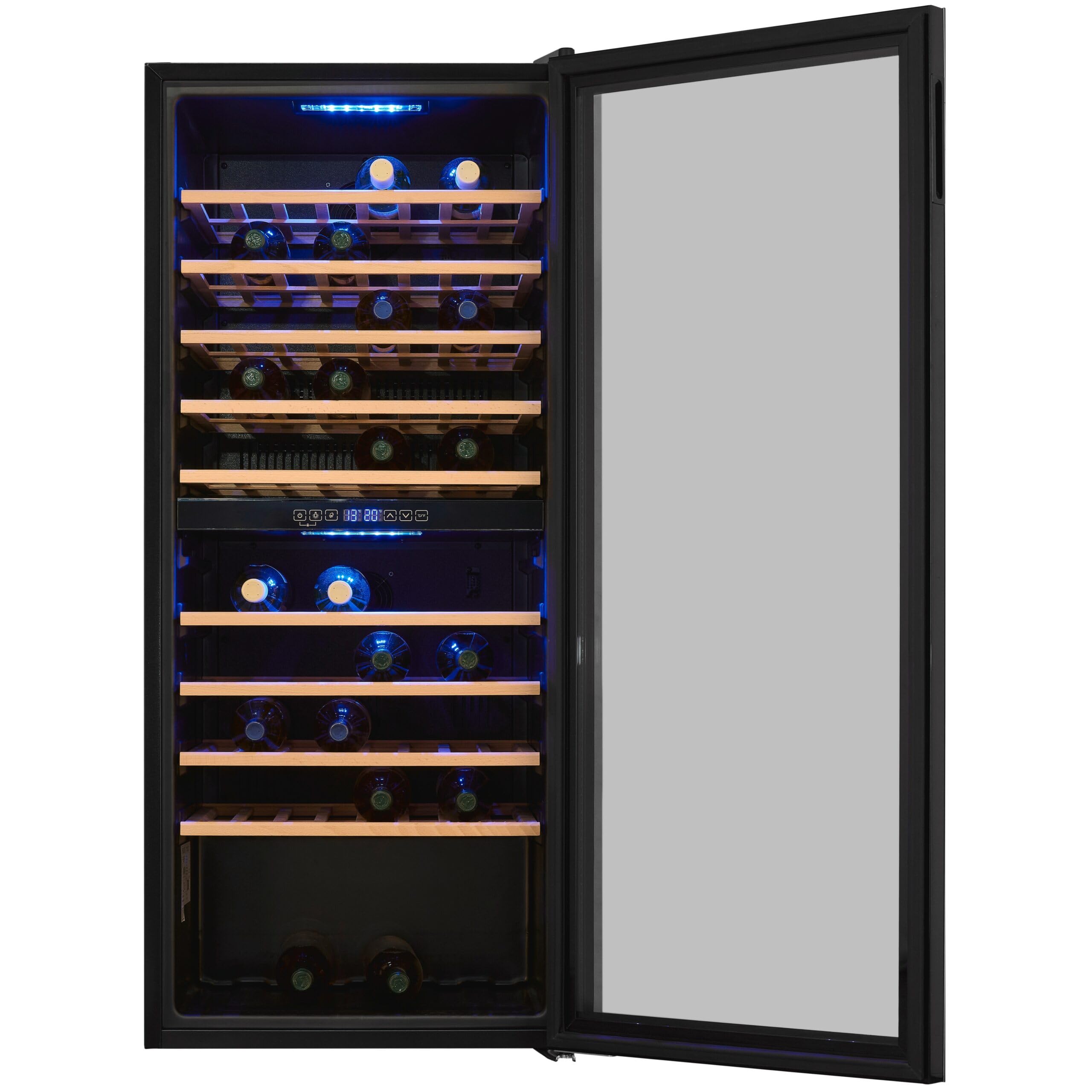Exquisit® Vinoteca para 114 Botellas, 220L, Negro, Clase G, Dos Zonas de Temperatura 5-20°C, Control Digital LCD, Puerta de Cristal Reversible, Medidas (129,0 x 55,2 x 57,5 cm)