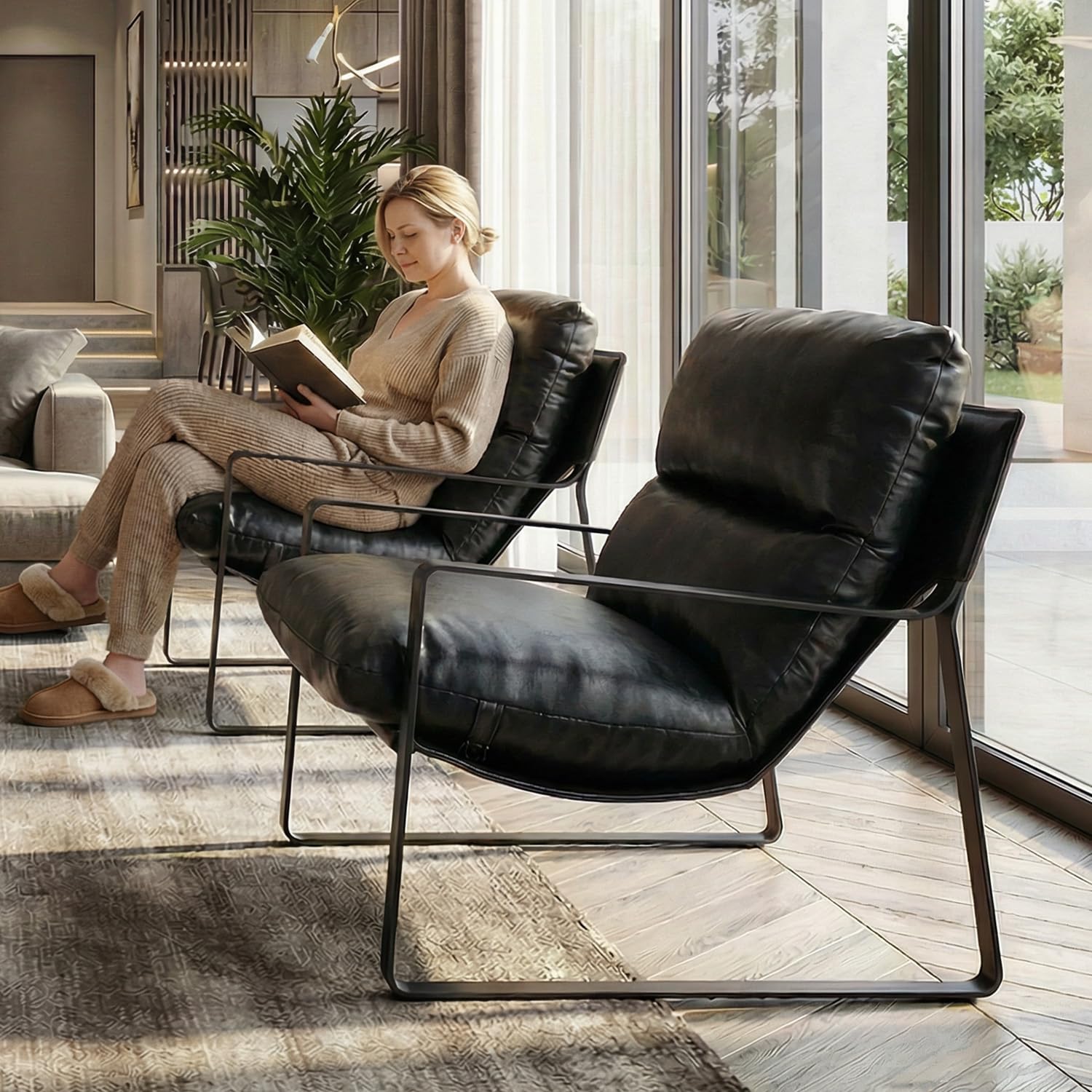 DUOMAY Mid-Century Accent Chair Armchair Set of 2, Comfy PU Leather Leisure Chair Lazy Chair with Metal Leg for Living Room Bedroom Office Apartment,