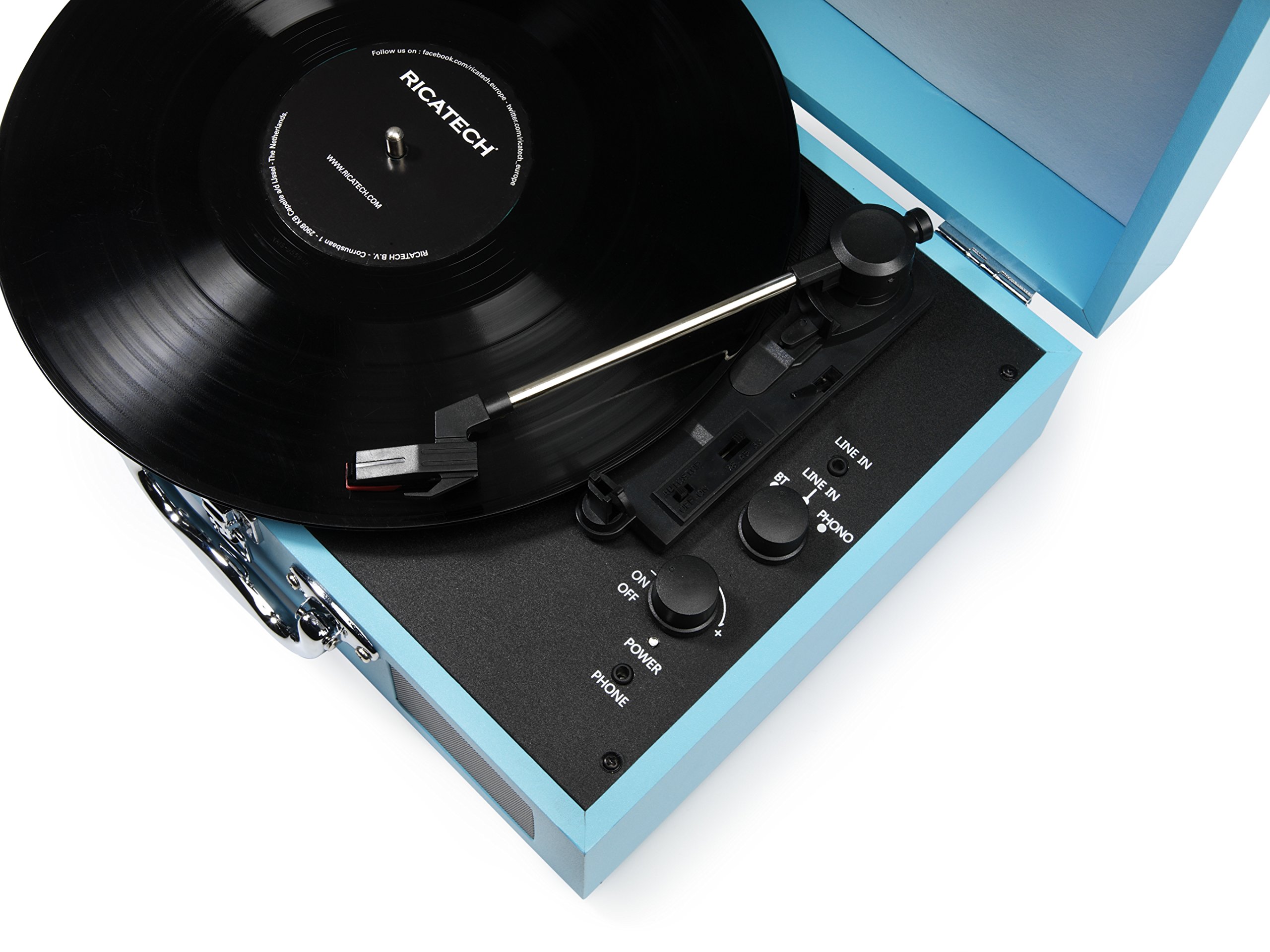 Ricatech RTT21 Tourne-disque, Tourne-disque Portatif Léger Avec des Haut-Parleurs, Trois Vitesses, Bluetooth, Prise Casque, Lecture MP3. Magnifique Valise de Lecteur de Style de Vinyle (Bleu)