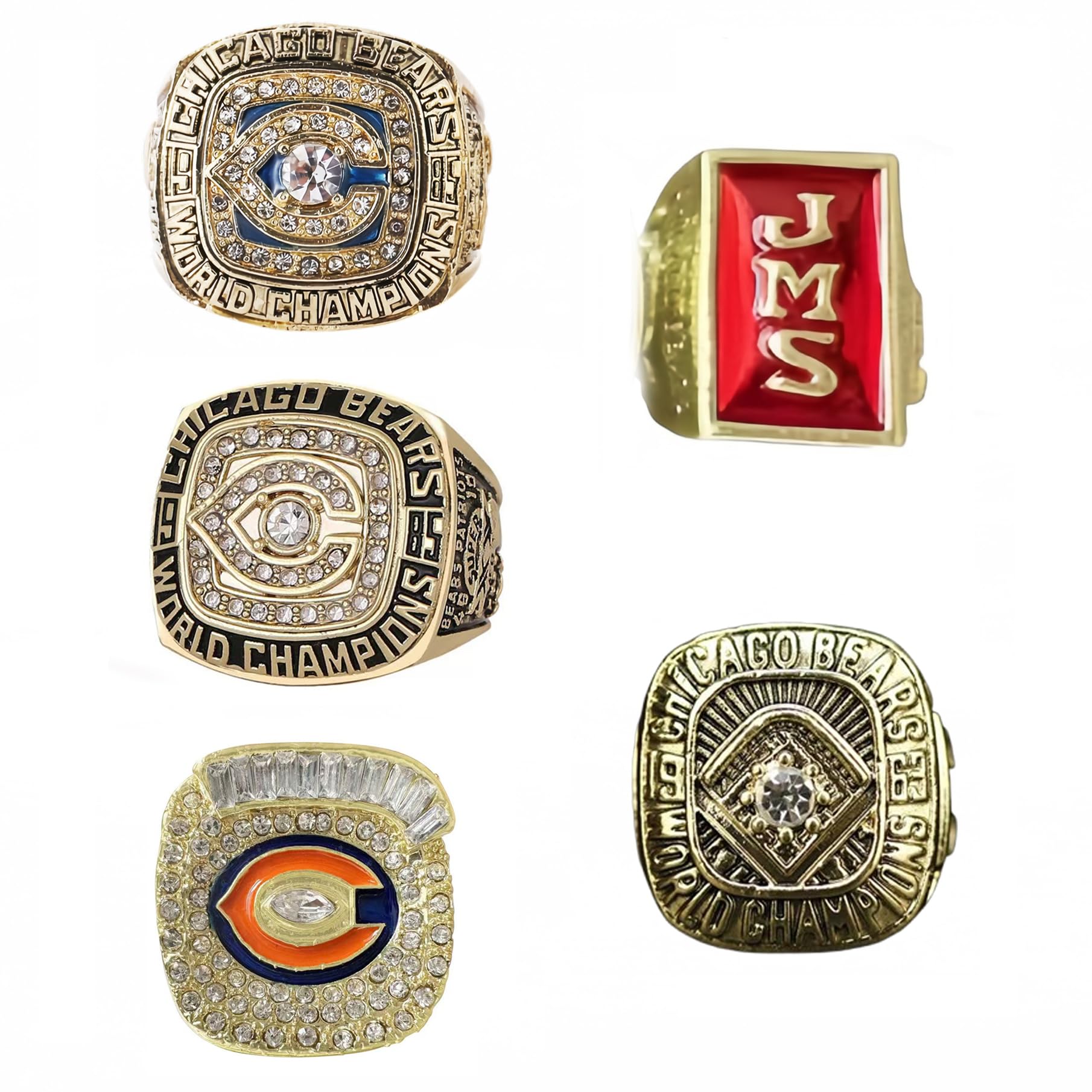 GIFT SET CHICAGO RUGBY 1933 1963 1985 2006` WORLD CHAMPIONSHIP RING, 5 RINGS SET WITH 5-HOLE WOODEN DISPLAY BOX PACKAGING, HOLIDAY GIFT FOR BASEBALL FANS