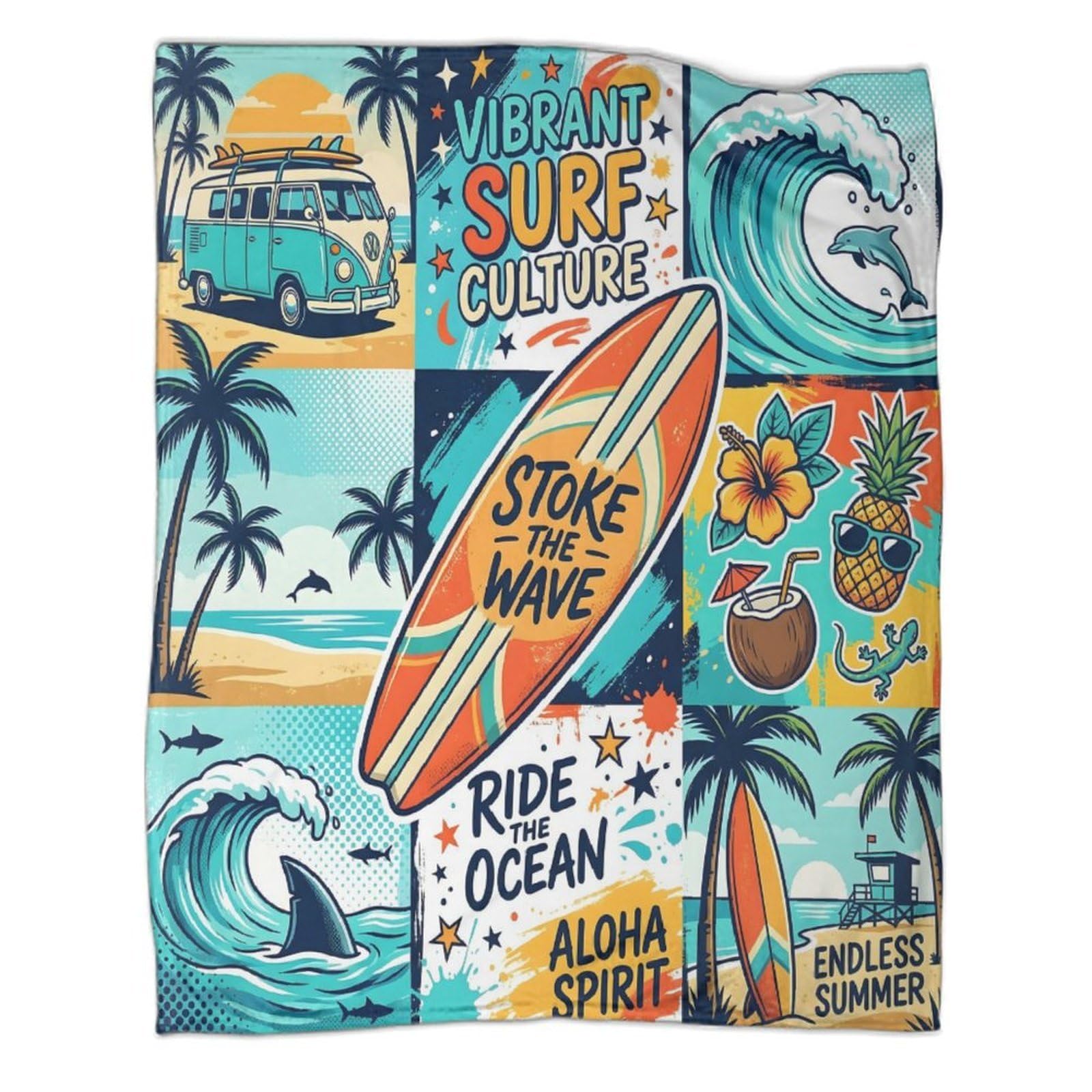 Autocollants représentant la Culture Surf. Jeté De Canapé Imprimé 3D, Premium Microfibre Couverture 80x90inch(200x230cm), Plaid Ultra Doux Respirant pour Hommes Femmes Adultes