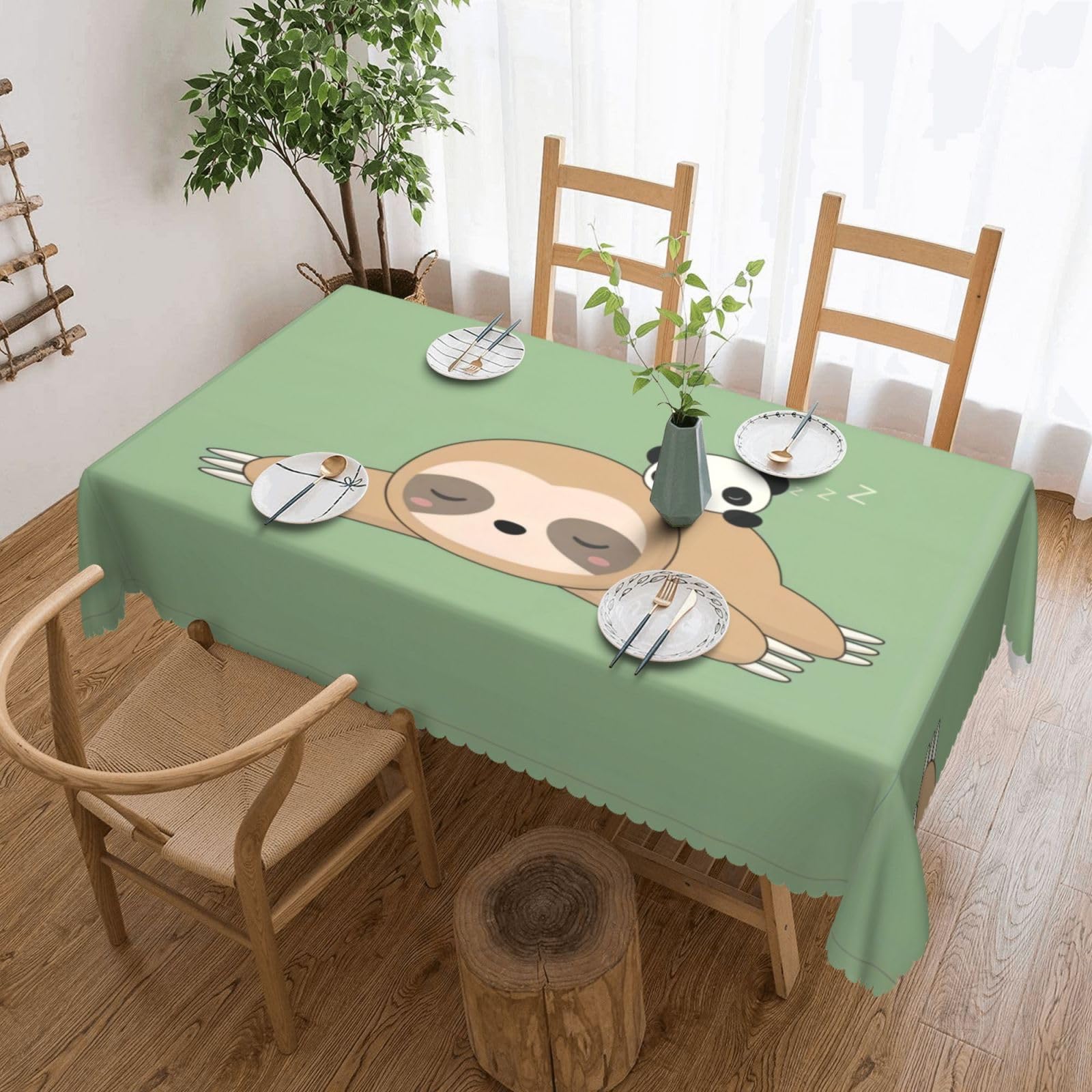 QAZWZML Cute Panda and Sloth Printed tablecloth, made of thick polyester with lace trim, suitable for dining rooms, picnics, and weddings