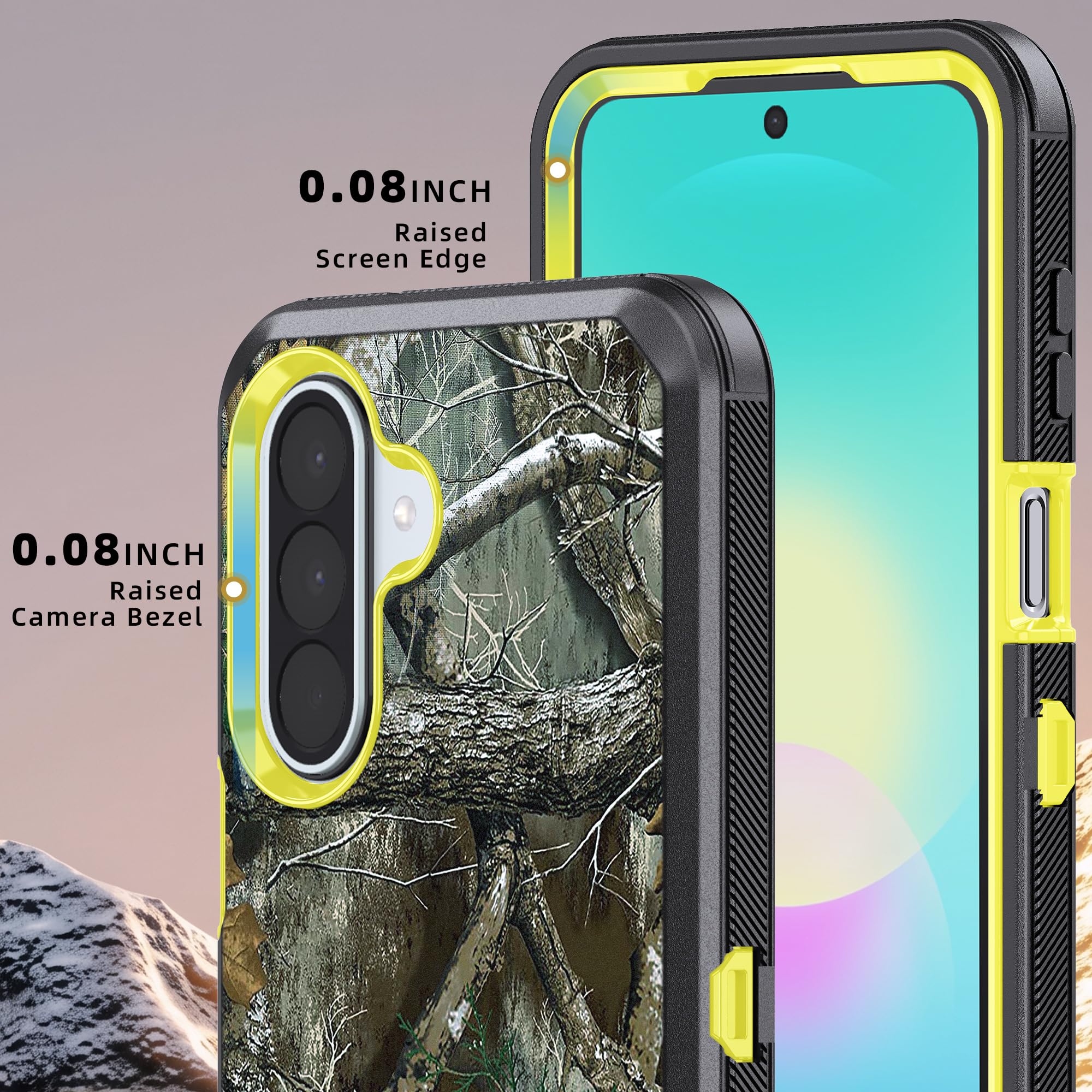 Per Samsung Galaxy A27 5G Custodia robusta, protezione dello schermo, clip da cintura - Camo Giallo