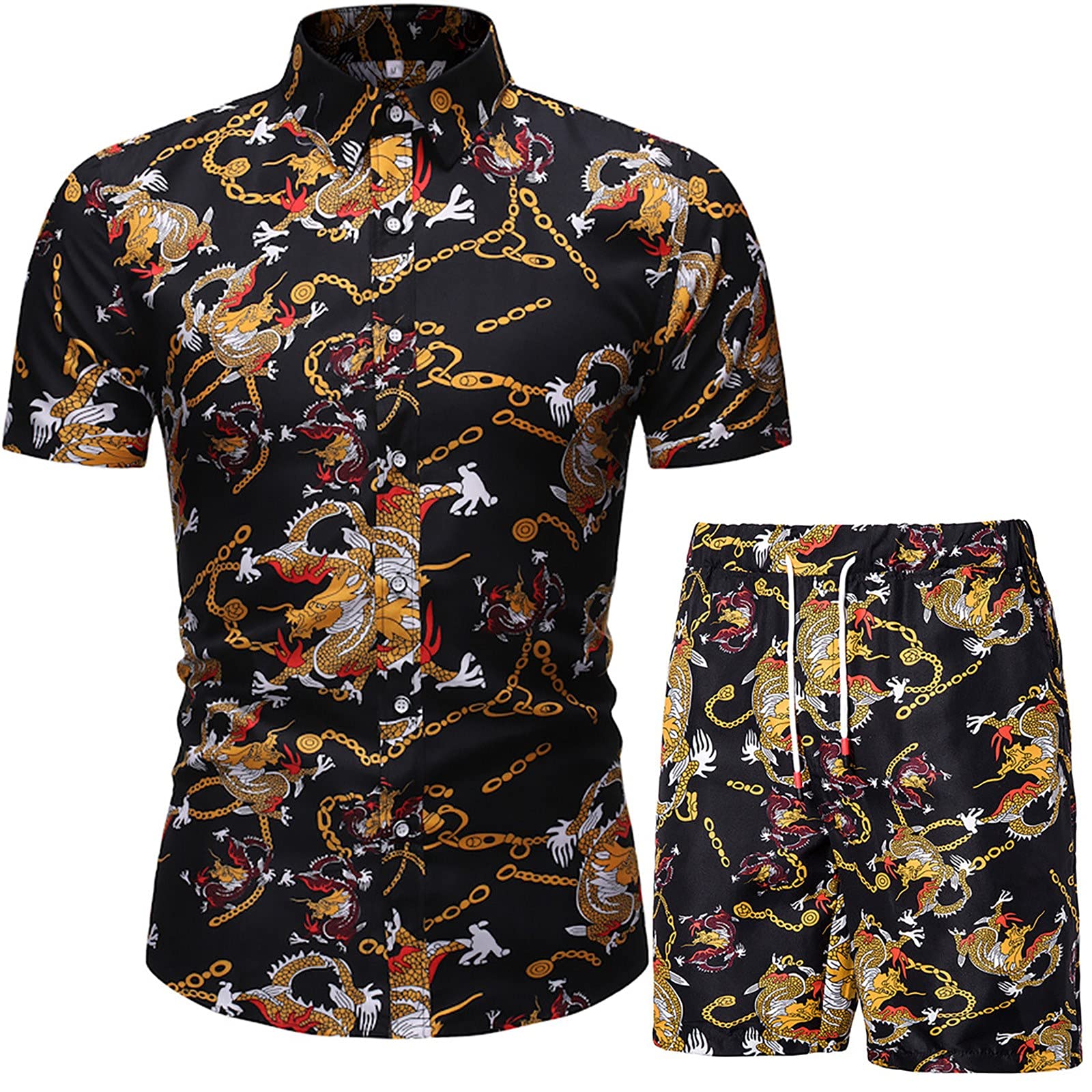 Genérico Conjunto de Camisa Estampada Hawaiana para Hombre de Verano, Camisa de Manga Corta con Botones y Pantalones Cortos, Funky Camisa Manga Corta