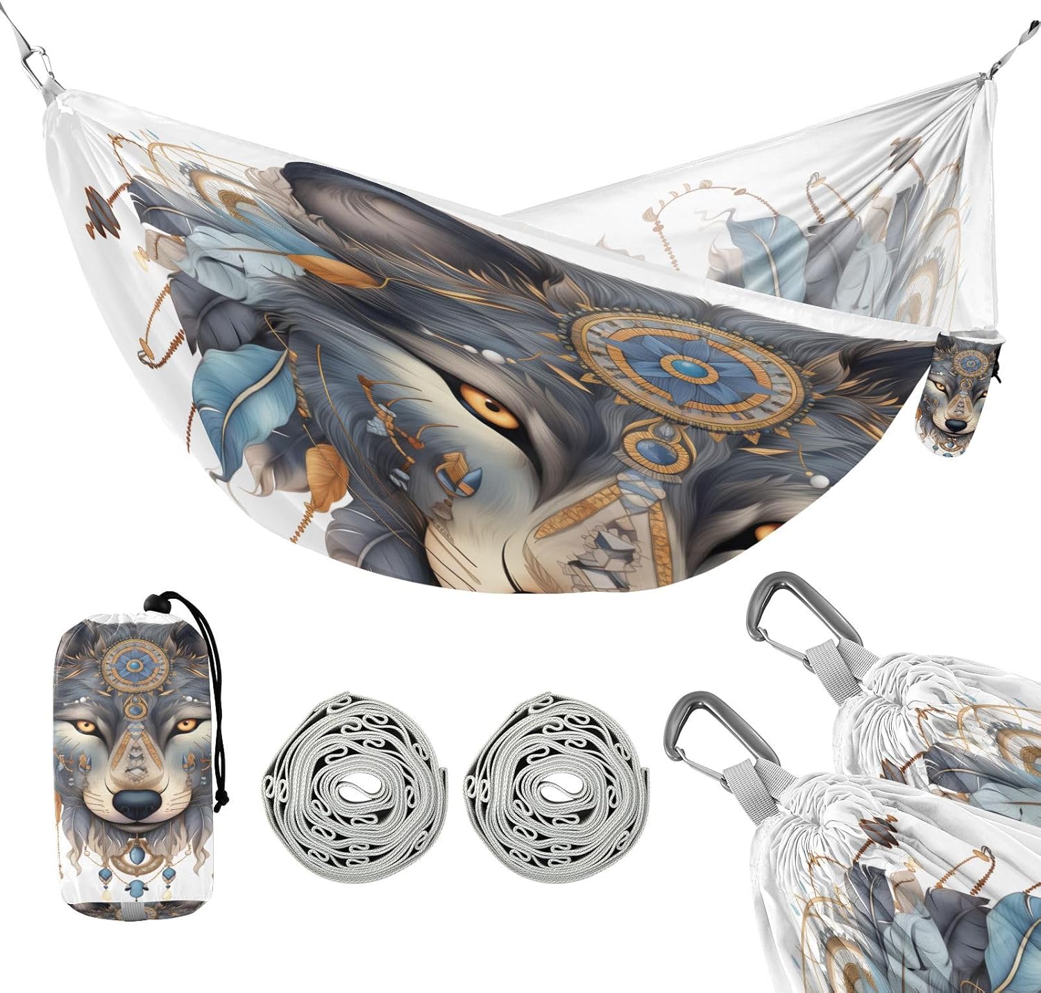 ALAZA Wolf Boho Dreamcatcher Camping Hammocks Single or 2 Person 500 lbs Portable Parachute Travel Hammock w/Tree Straps for Hiking Backpacking Indoor Outdoor