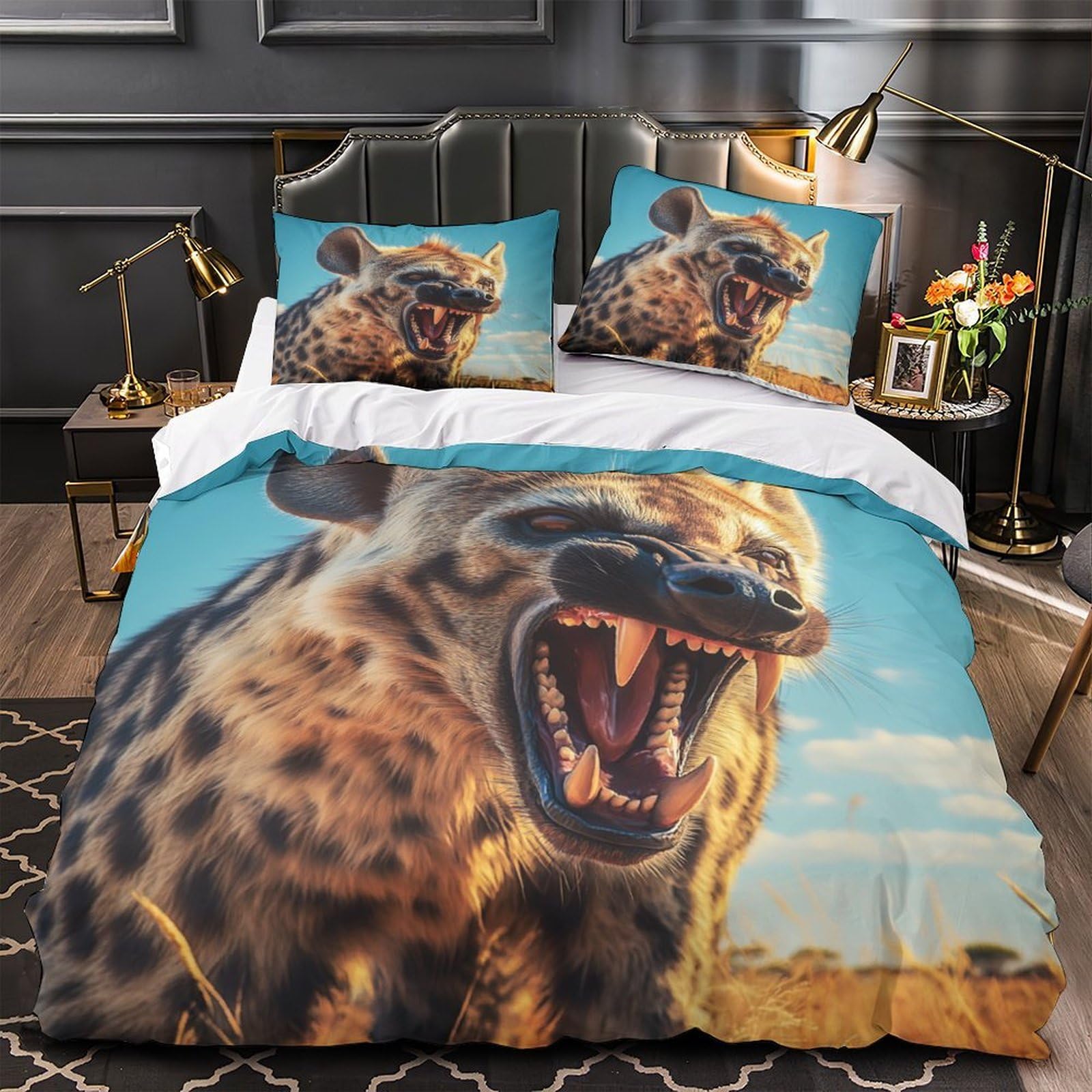 Housse de couette hyène 3D en microfibre entretien facile et fermeture éclair