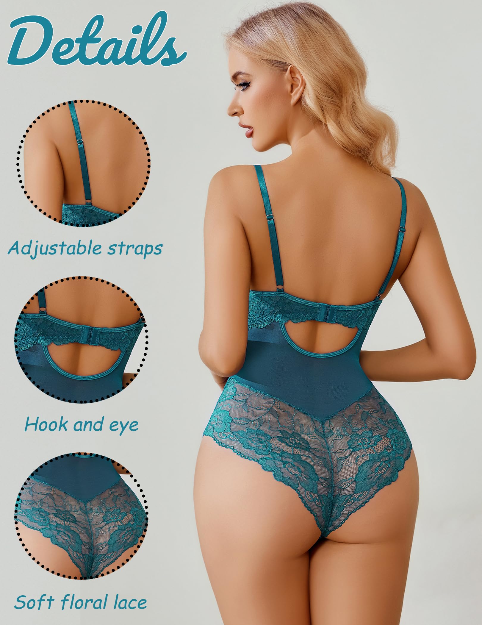 Avidlove Bodysuit for Women Sexy Lace Top One Piece Lingerie V Neck Mesh Tops Going Out Cami Naughty Push Up Body Suit S-XXL: Medium Blue Green