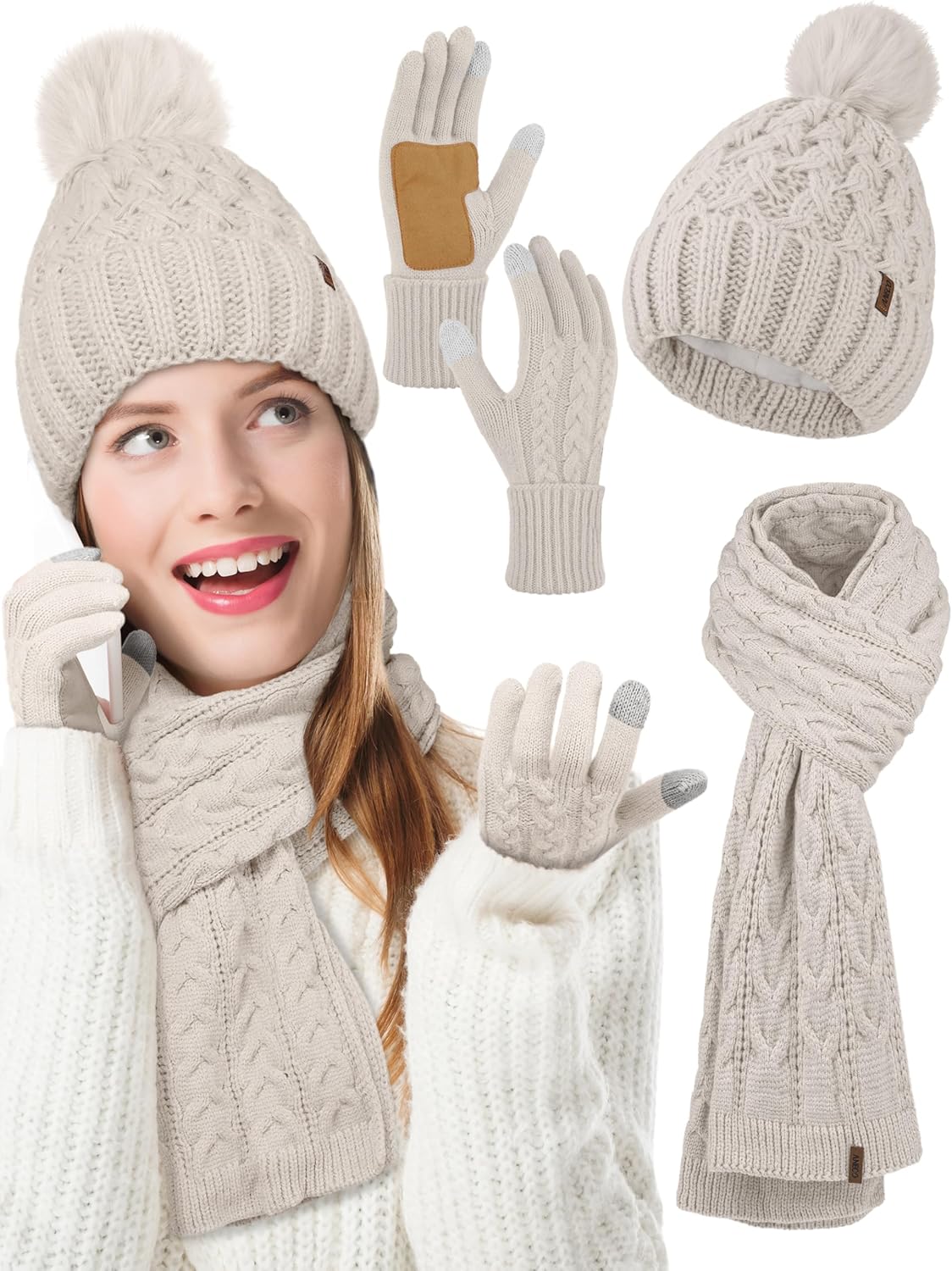 Aneco Women Winter Beanie Hat Scarf Gloves with Pom Pom Fleece Lined Touchscreen Gloves Set Thick Warm Knit Cap 3-in-1 Set