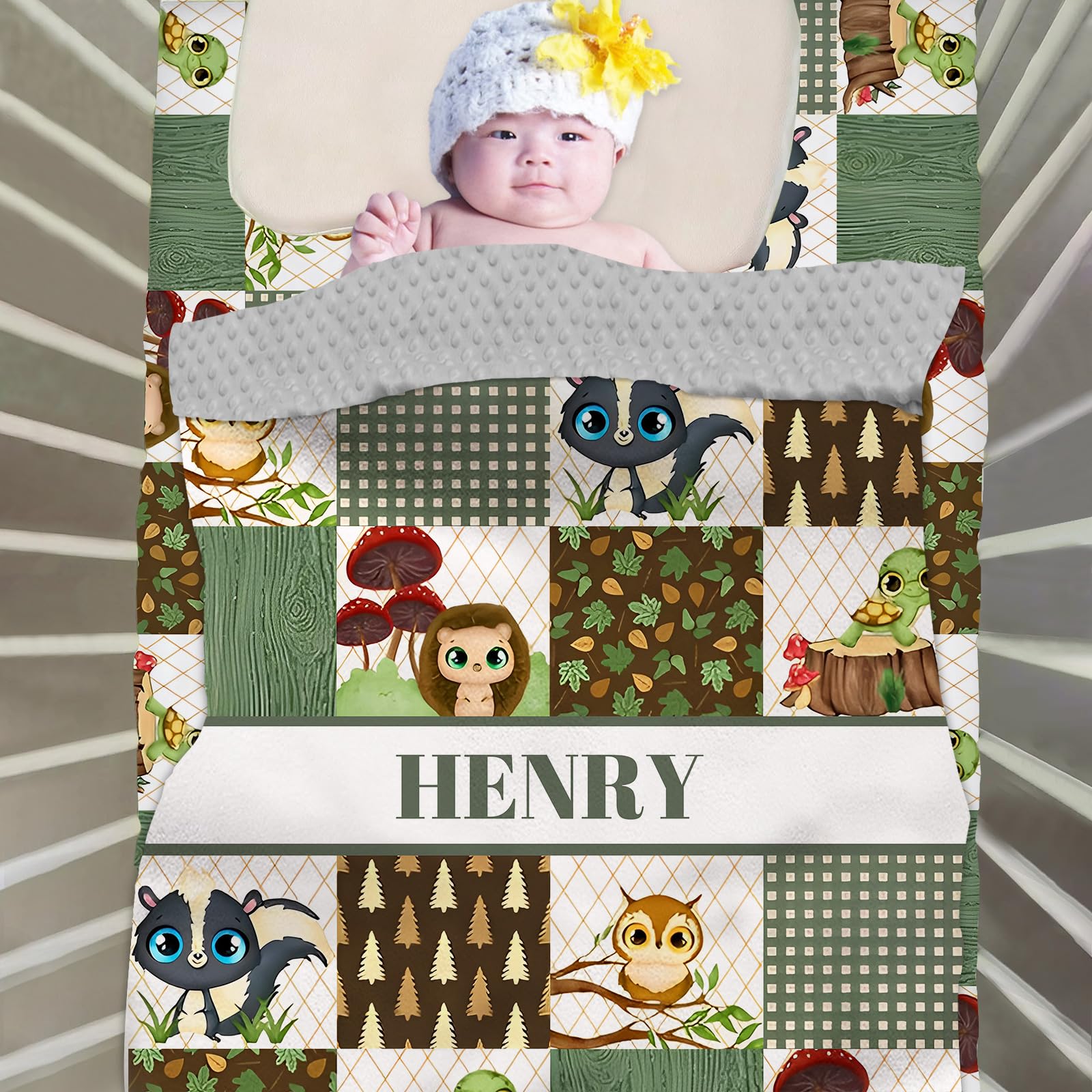 Personalized Custom Minky Blanket for Boys & Girls - Soft Newborn to Toddler - Forest Animals Theme, Perfect for Baby Shower or Birthday Gift