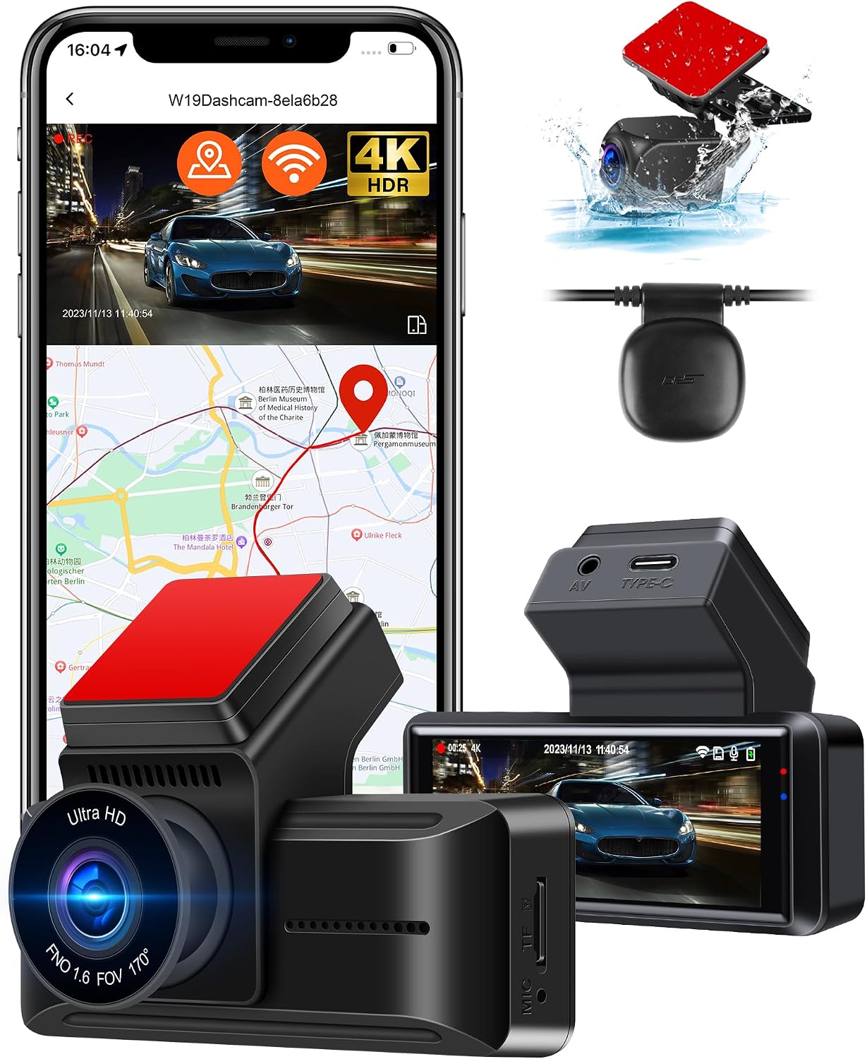 Dashcam 4K avant arrière avec GPS et vision nocturne