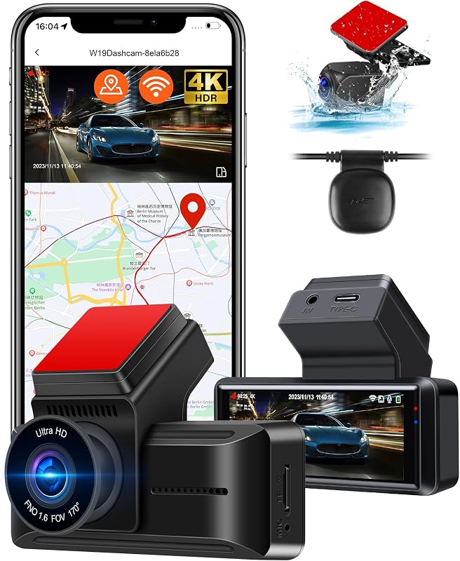 Airpuxem 4K Autós Fedélzeti Kamera WiFi GPS Funkcióval, Első-Hátsó Rögzítéssel, Éjjellátó Üzemmóddal, 170° Látószöggel, WDR, G-szenzor, Type