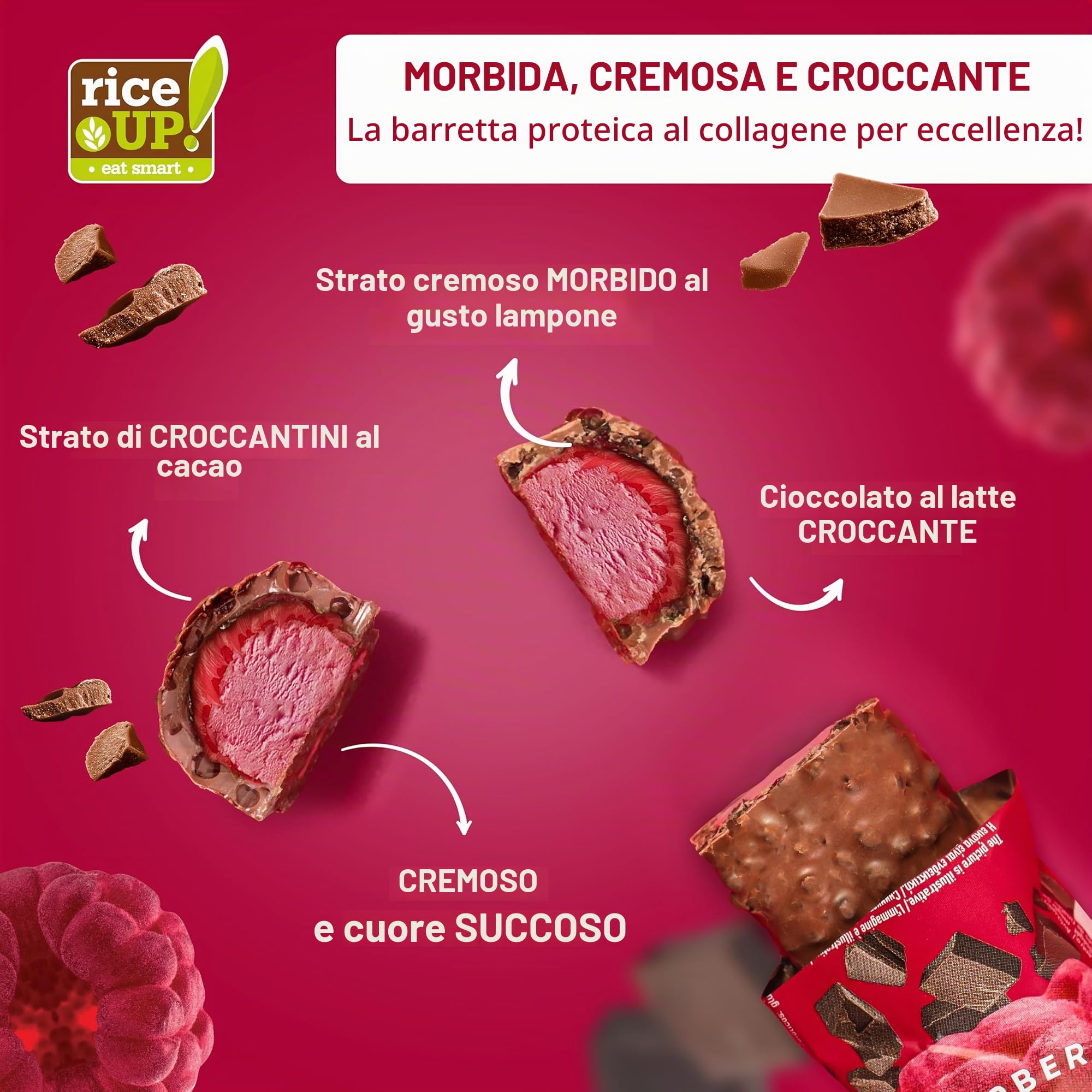 RiceUP! Barre Proteiche con Collagene, Gusto Lampone, 12 x 42g | 6000 mg Collagene (I+III), 30% Proteine, Senza Zucchero