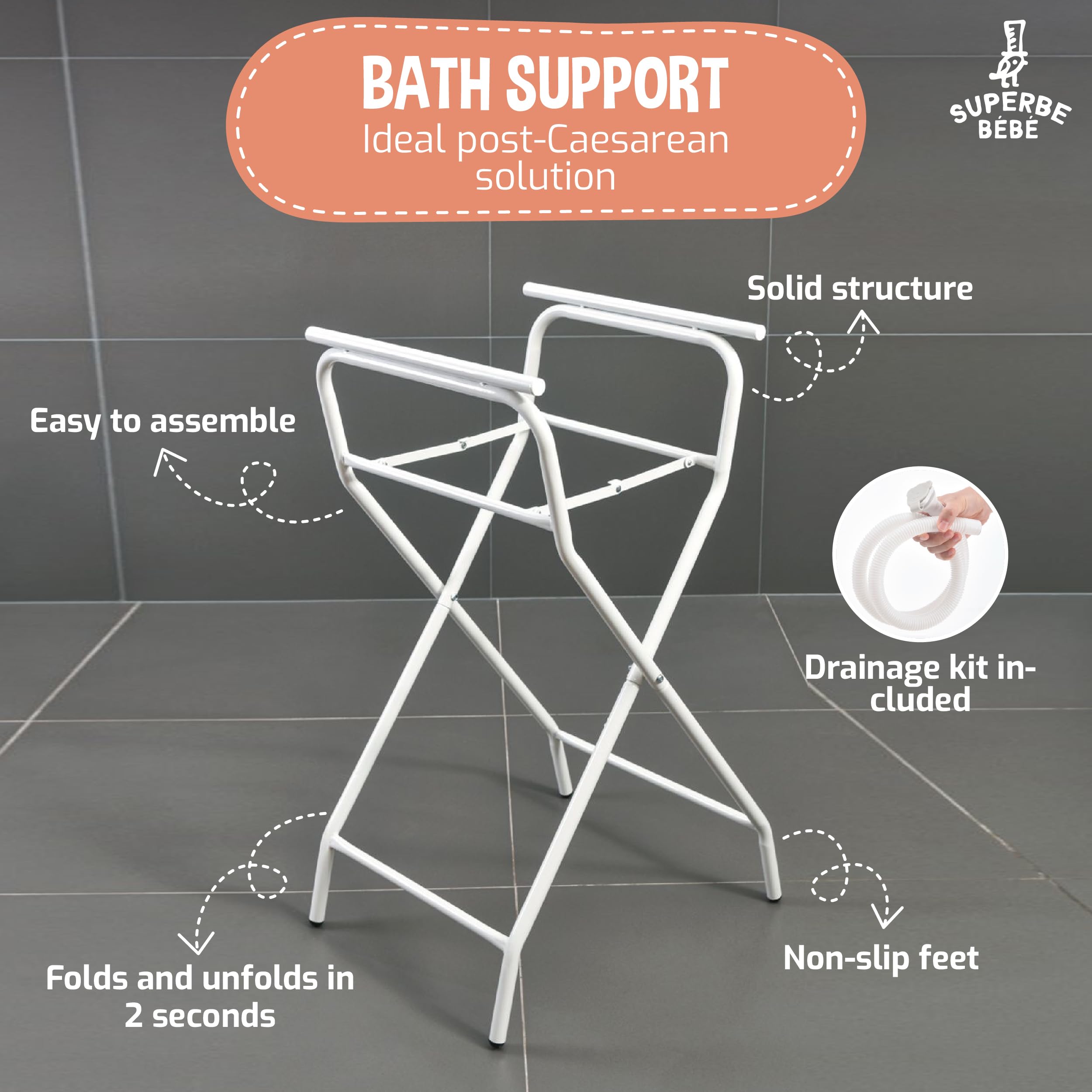 SUPERBE BEBE Składana wanna dla dzieci z nogami i stojakiem – Baby Bathtub XXL z termometrem, ergonomicznym siedziskiem i rurką odpływową – od noworodka do 3 lat - Cadeau Baby