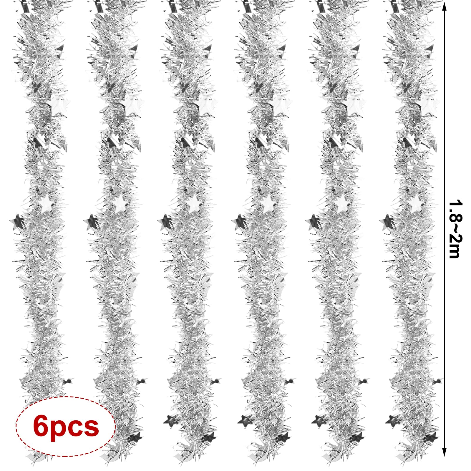 Ghirlanda Orpelli Natale 6 Pezzi Da 2m Argento - Decorazioni Per Albero, Scale E Casa, Fai Da Te - Foto 4