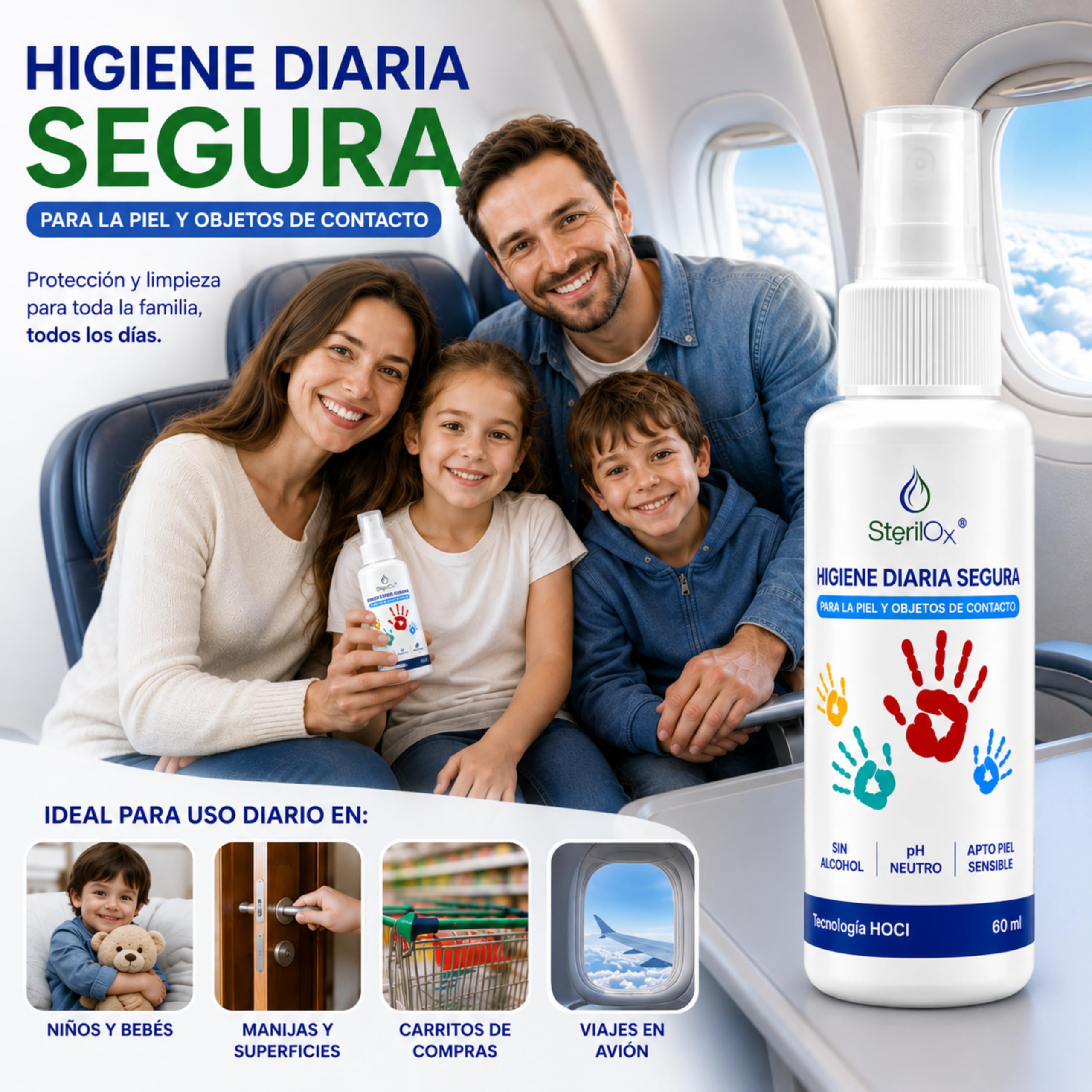 60 ml - spray cosmético antiseptico - para manos, juguetes, platos, objetos/seguro para niños y mascotas/sin alcohol/sin perfume/con ácido hipocloroso (HOCl)