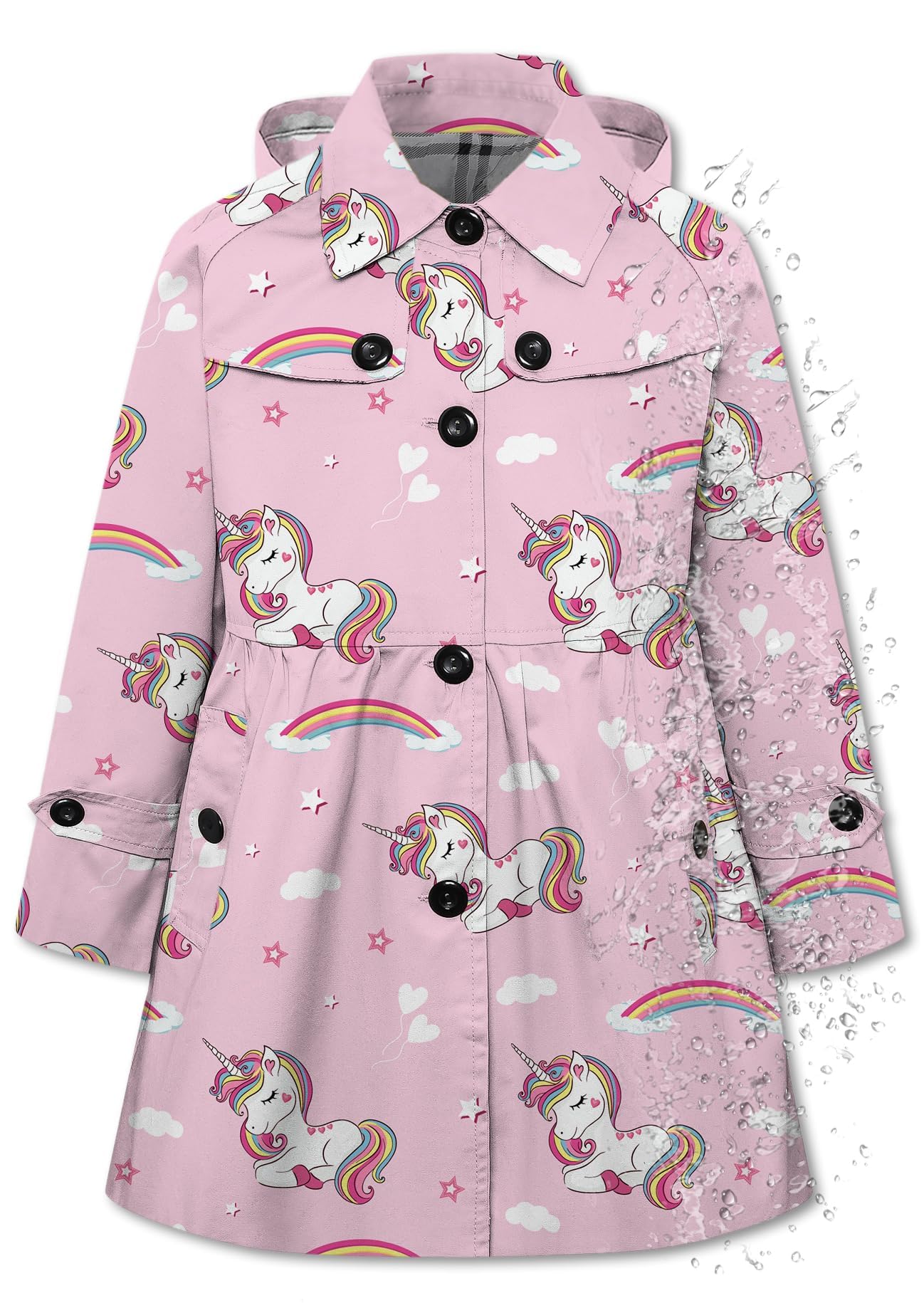 Betusline Girl's Hooded Rain Jackets Lightweight Print Waterproof Trench Coat Windbreaker Raincoats for Girls,2-14 Years