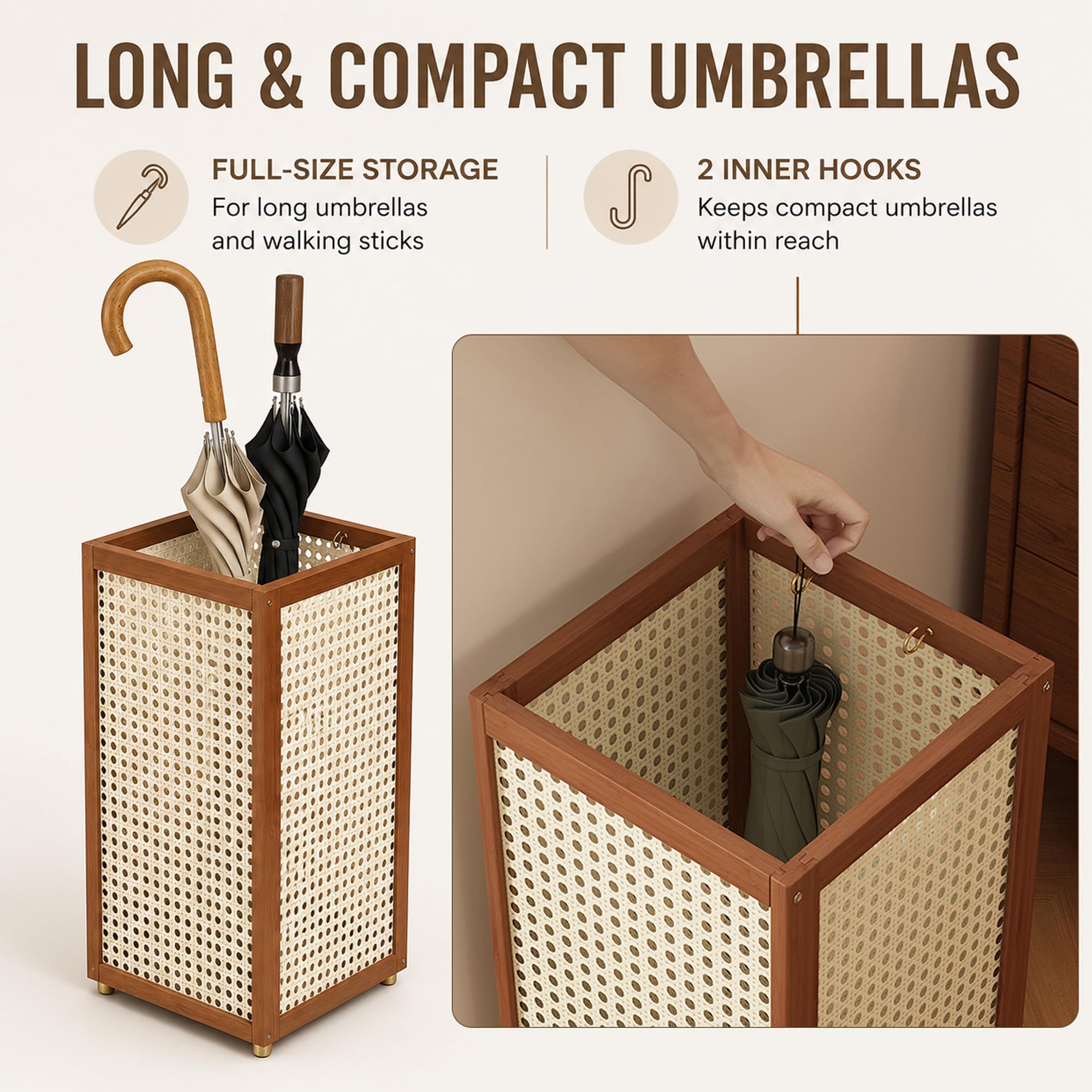 Portaombrelli Bambù Grande Capienza, Vassoio Goccia E Ganci Rimovibili | Portaombrelli Quadrato Tessuto Traspirante Per Ingresso, Cesto Decorativo Casa E Ufficio(Brown)