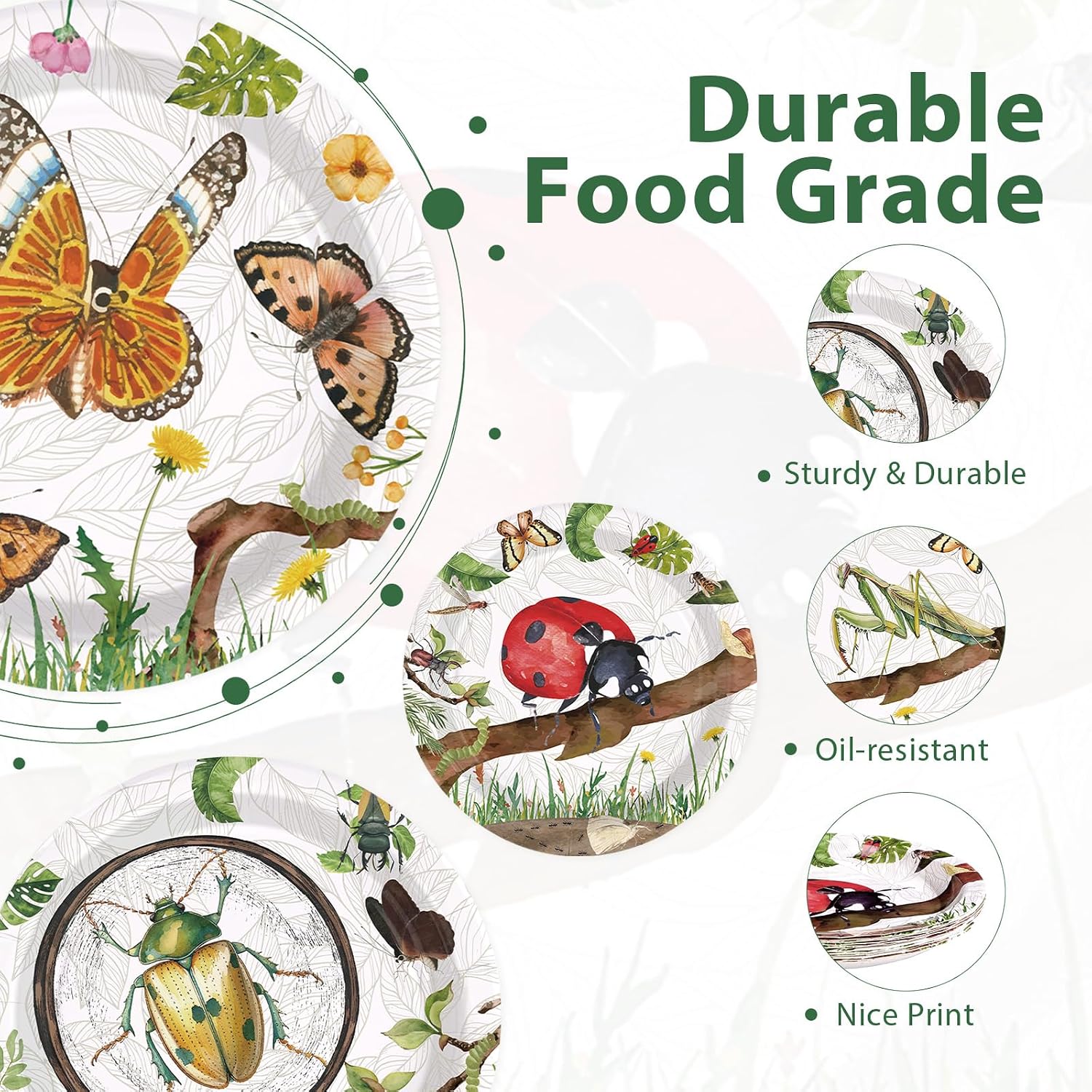 60 PCS Bug Birthday Party Decorations 7" Heavy Duty Spring Theme Party Plates Disposable Bug Paper Plates for Boys Girls Spring Nature Themed Birthday Supplies