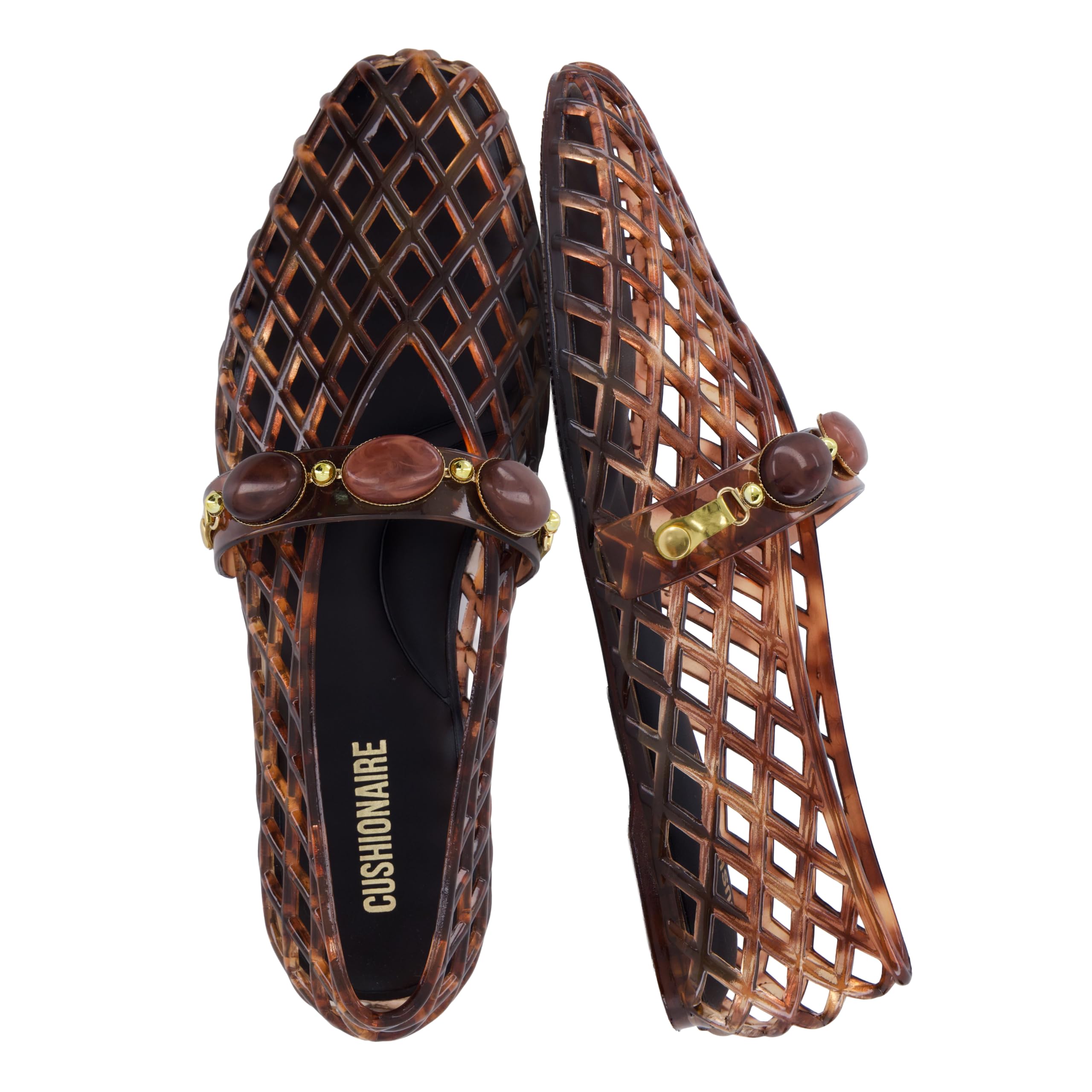 CUSHIONAIRE Sugar Jelly Flats for Women, Embellished Vamp Strap Jelly Shoes 7-7.5 Tortoise