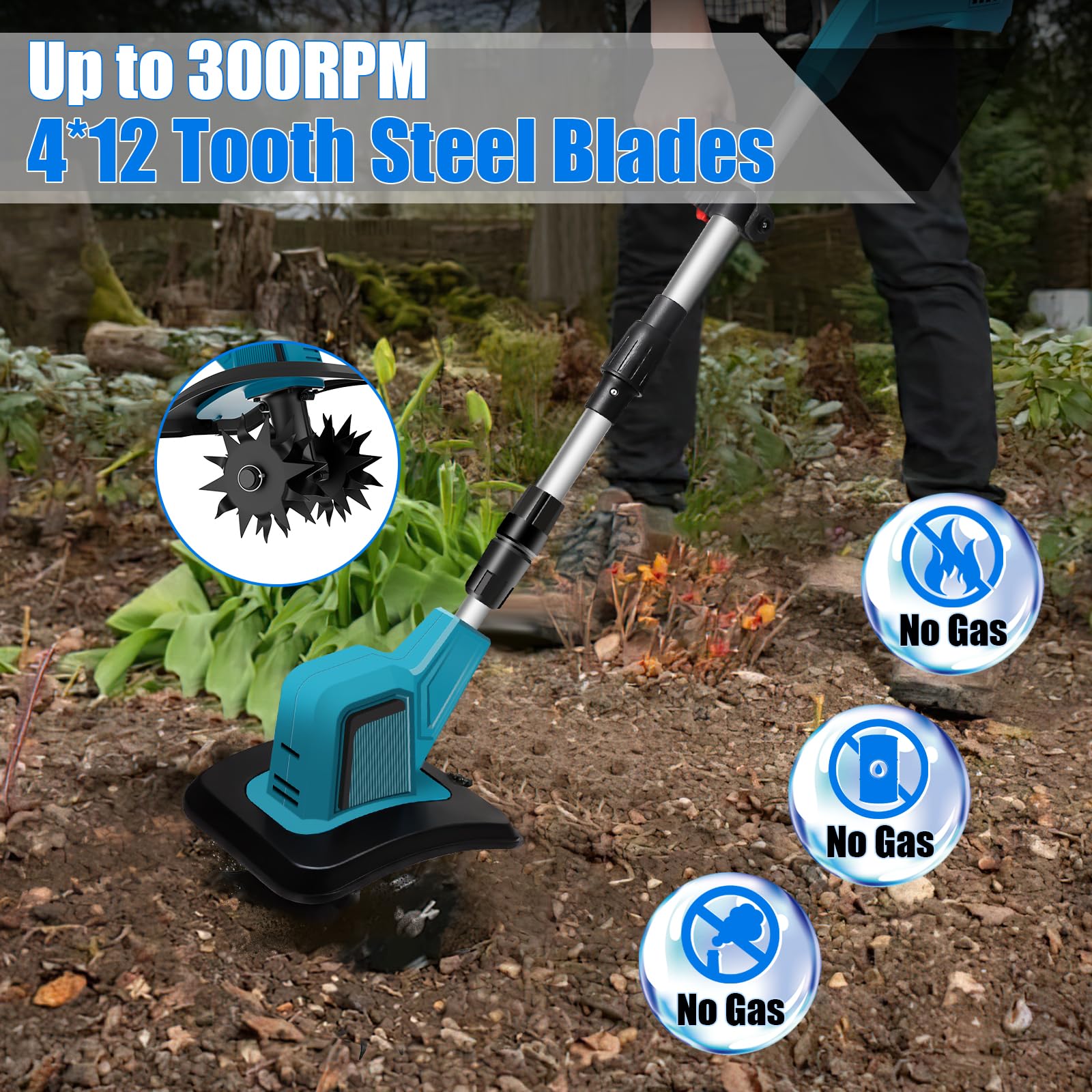 Motoazada Bateria, Motoazada Electrica con 2 Baterías 4.0Ah, 550W Motor Brushless, Ancho 20cm Profundidad 15cm, Motoazada Bateria con Mango Desmontable para Jardín, Huerto y Labranza del Suelo