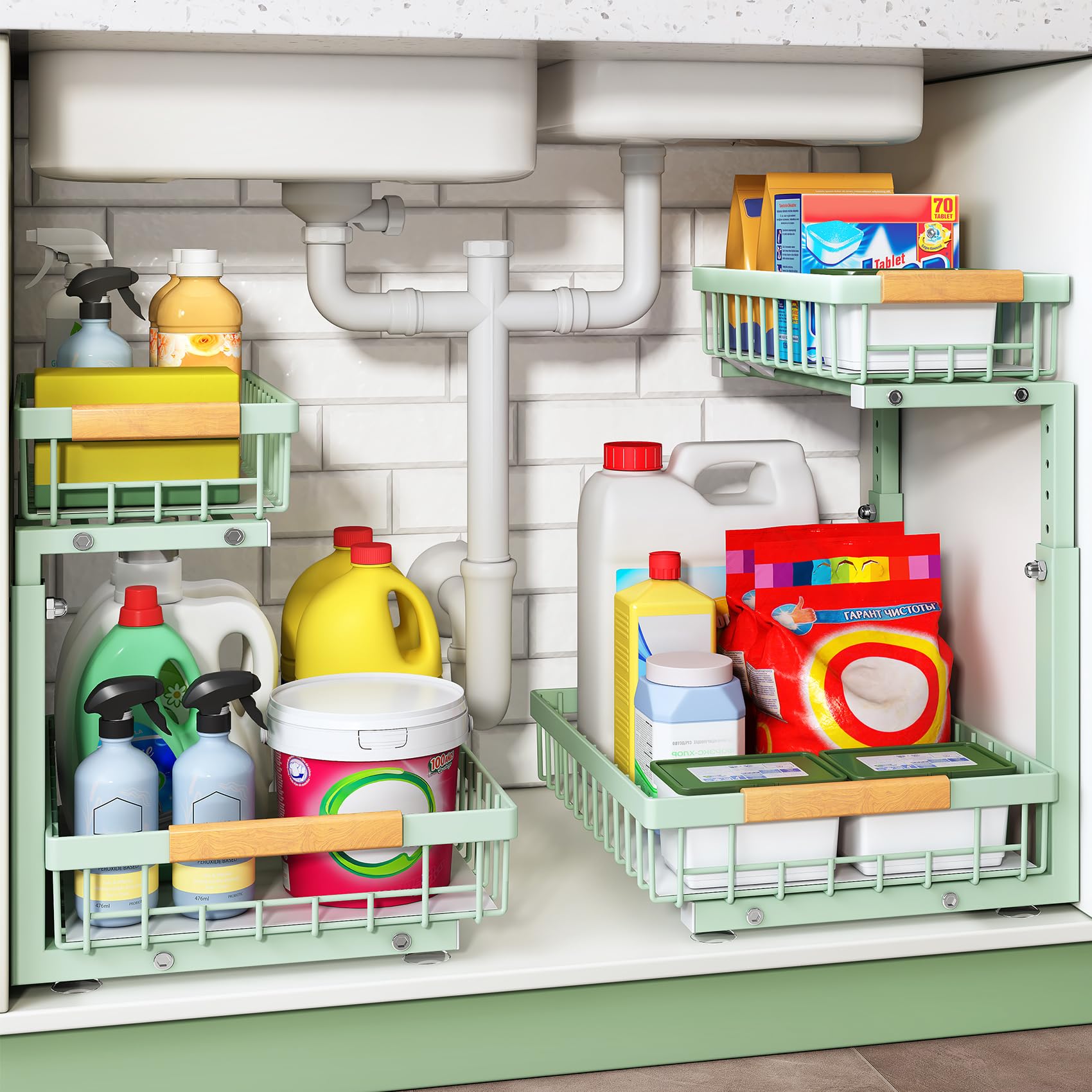 Kitstorack Under Sink Organizer, 2 Tier Under the Sink Storage, Slide out Pull out Cabinet Organizer Shelf, Metal Sliding Drawer for Kitchen Bathroom Pantry Closet Organization Rack, Green, 2 Pack Green 2 Pack