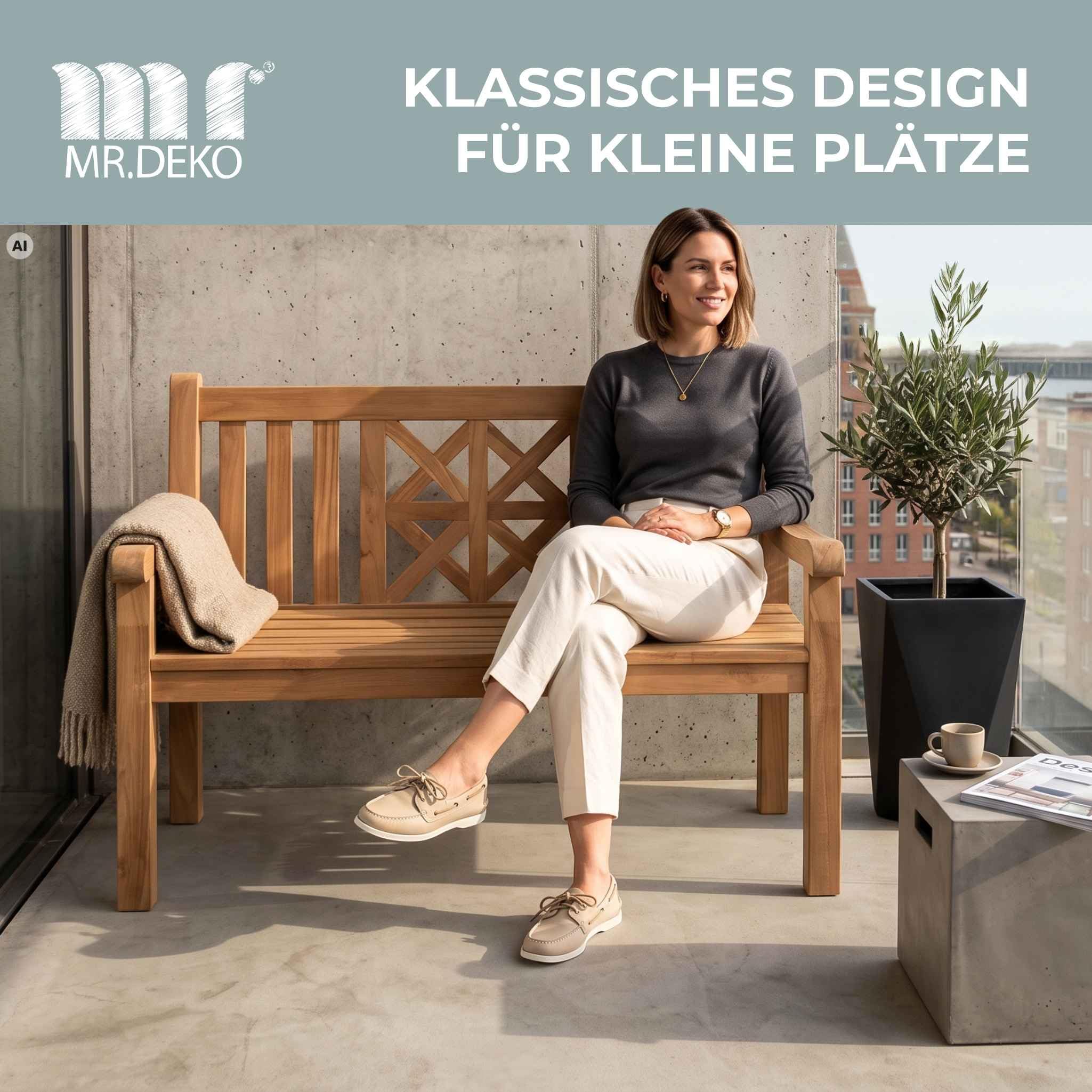Mr. Deko - Ławka z drewna tekowego dla/na ogród/ogród, park/park, meble ogrodowe, balkon/balkon | Wytrzymały/odporny na taras z drewna tekowego | Siedzisko dekoracyjne rustykalny taras/pati