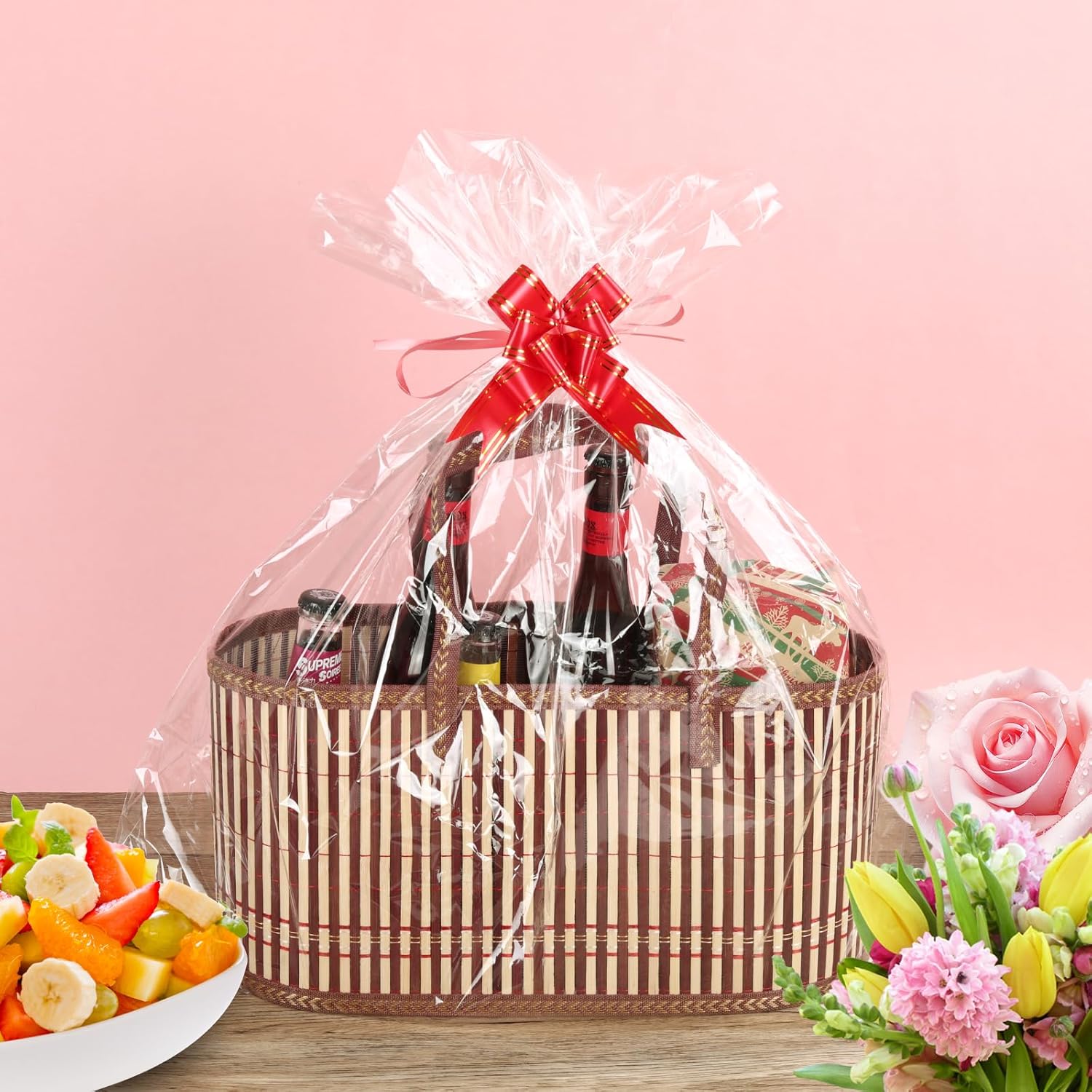‌Large Woven Gift Basket with Handles - Empty Bamboo Basket for Gifts (Adults/Wine/Christmas) (BROWN, 6PC LARGE)