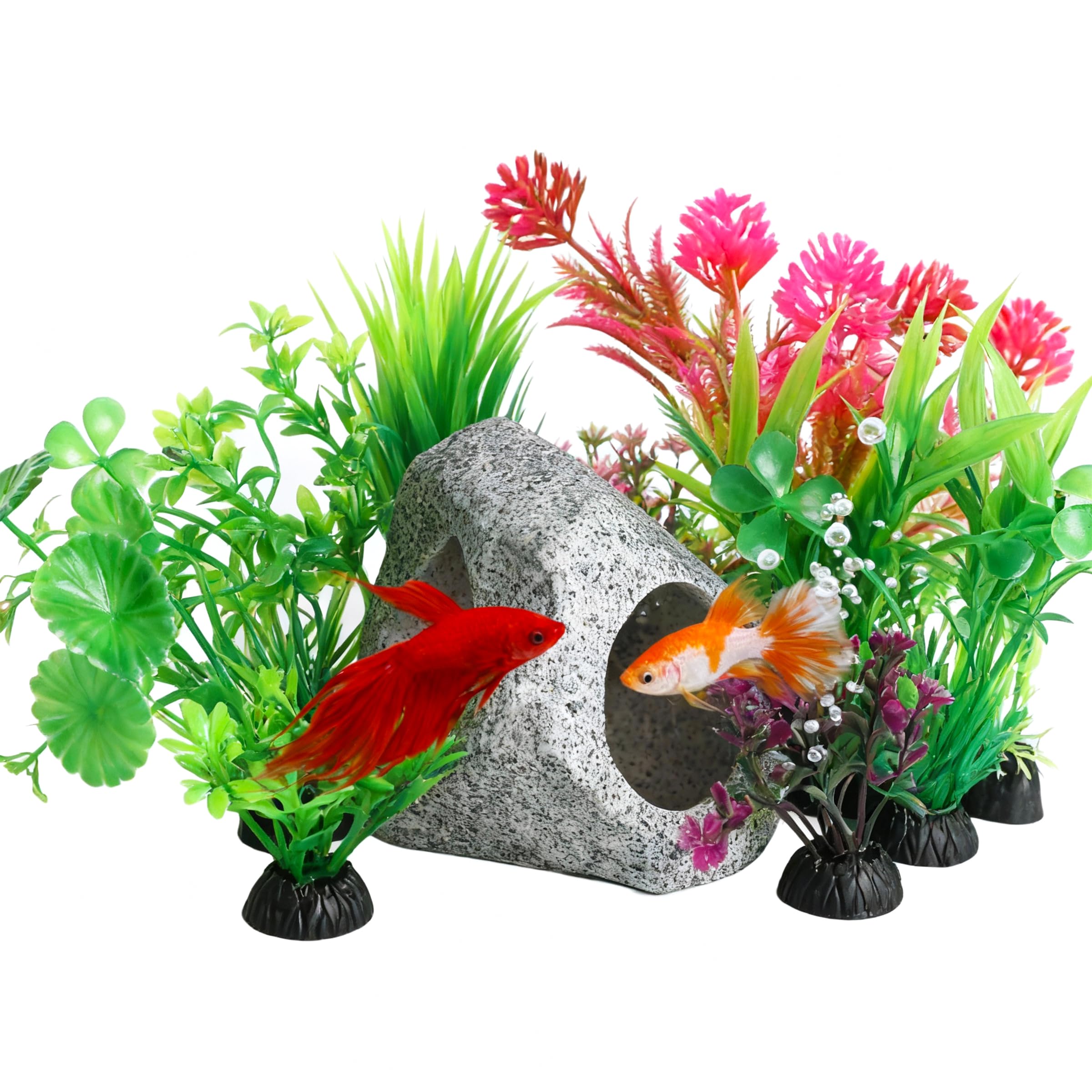 ZHABAYEN Fish Tank Decorations Aquarium Plants, 10 PCS Fish Tank Accessories Include Plastic Artificial Plants and Ceramic Cave Rock Ornaments